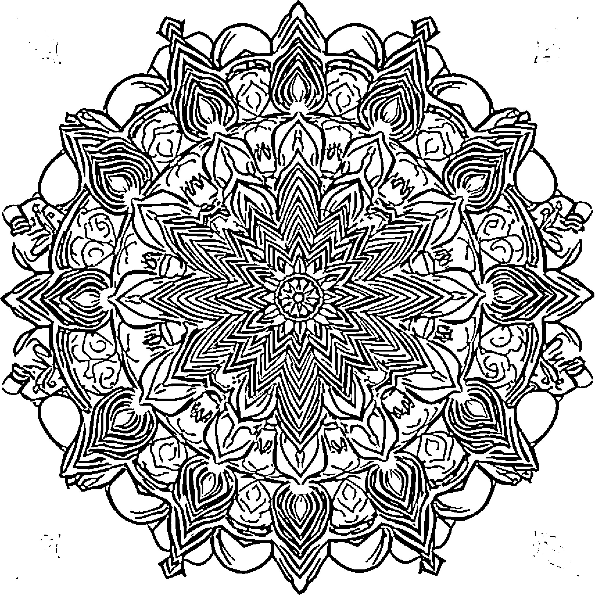 Mandala of intricate floral and geometric patterns Coloring Page (free black-and-white line drawing printable PDF for all, from beginners to advanced learners, including children, teens, adults, and seniors)