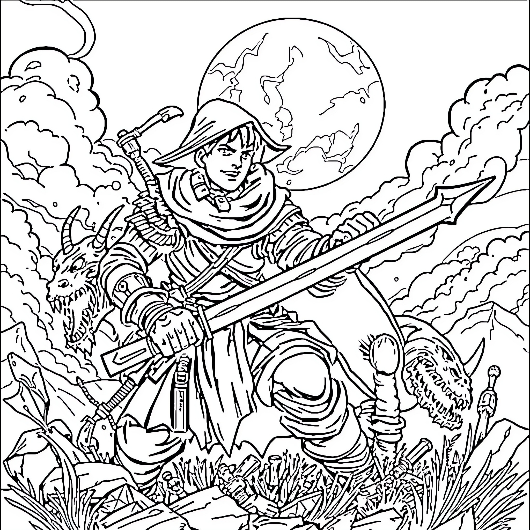 Solo Leveling: Warrior's Fierce Encounter in the Cosmic Realm Coloring Page (free black-and-white line drawing printable PDF for all, from beginners to advanced learners, including children, teens, adults, and seniors)