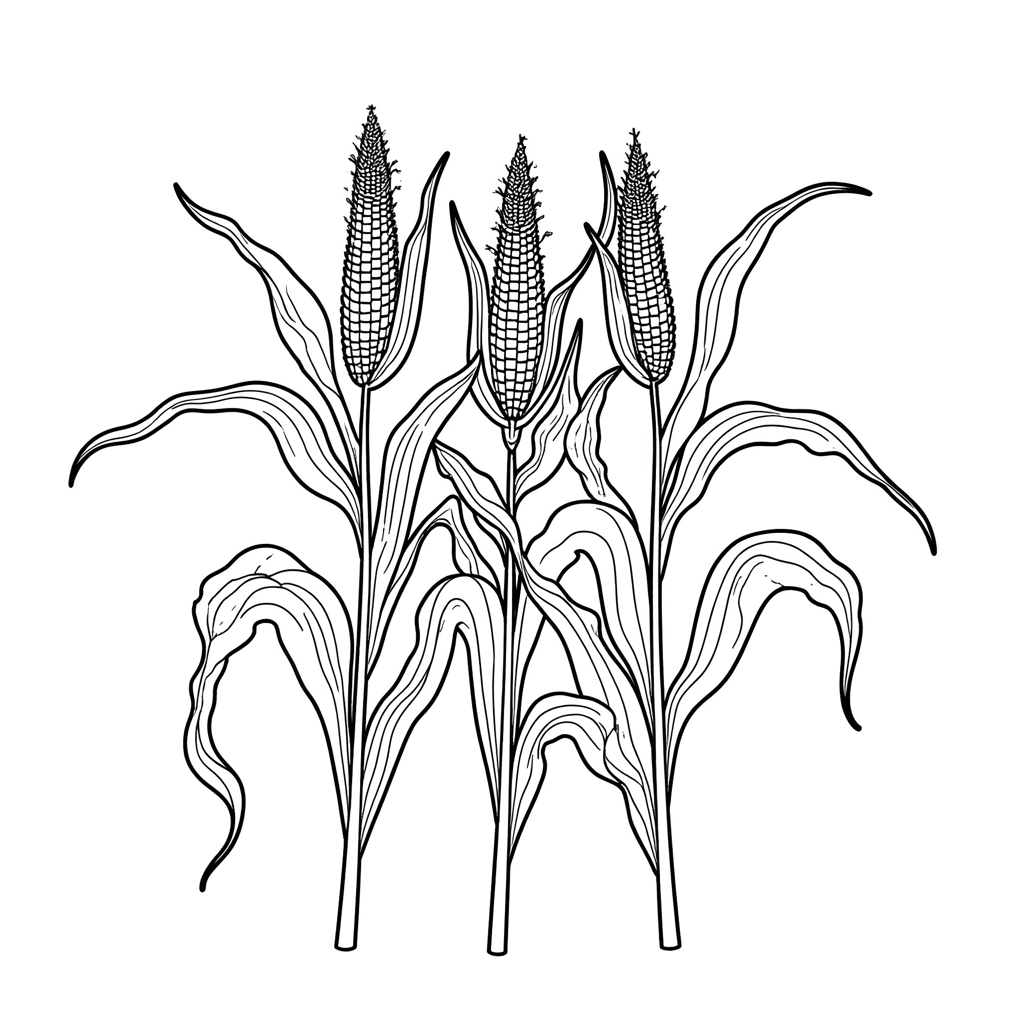 Corn stalks with ears in the field Coloring Page (free black-and-white line drawing printable PDF for all, from beginners to advanced learners, including children, teens, adults, and seniors)