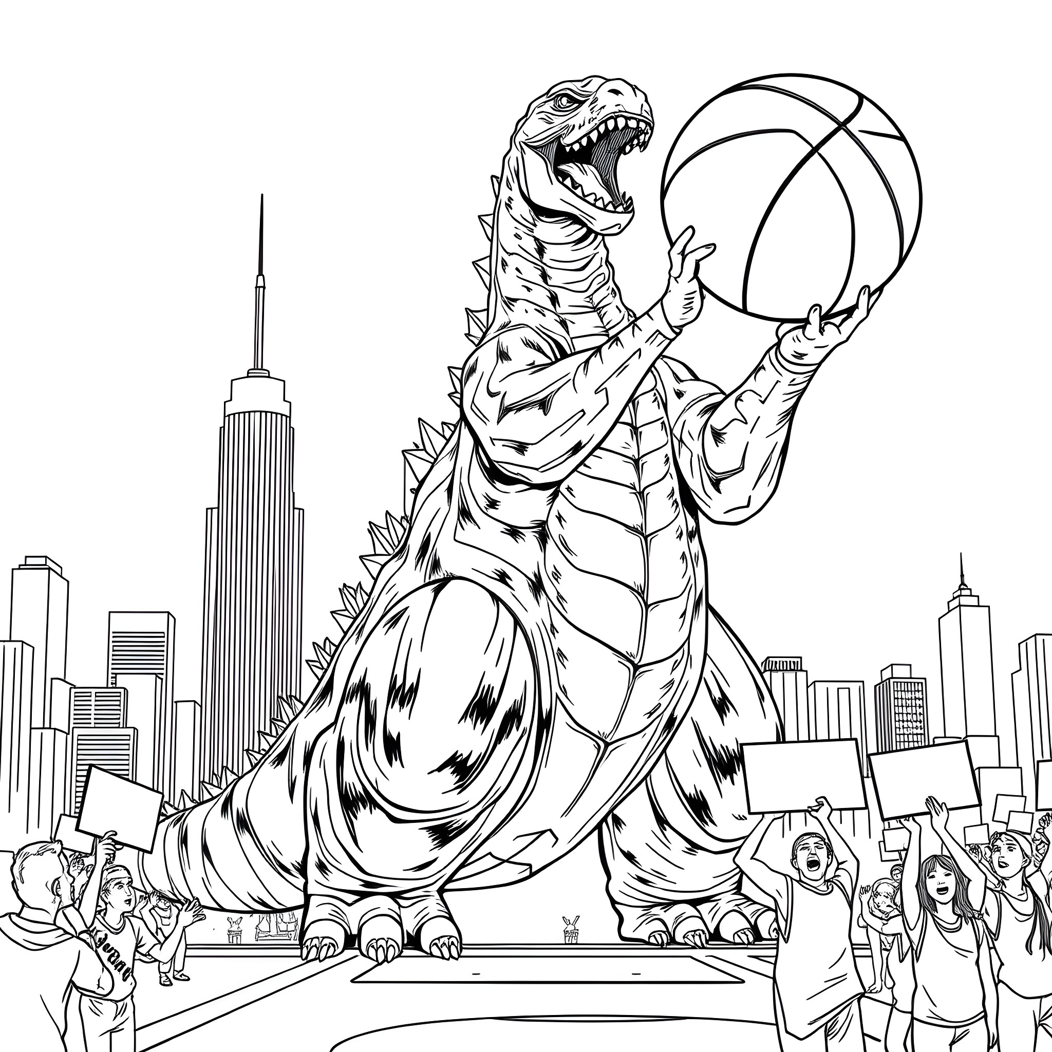 Godzilla Playing Basketball in the City Coloring Page (free black-and-white line drawing printable PDF for all, from beginners to advanced learners, including children, teens, adults, and seniors)