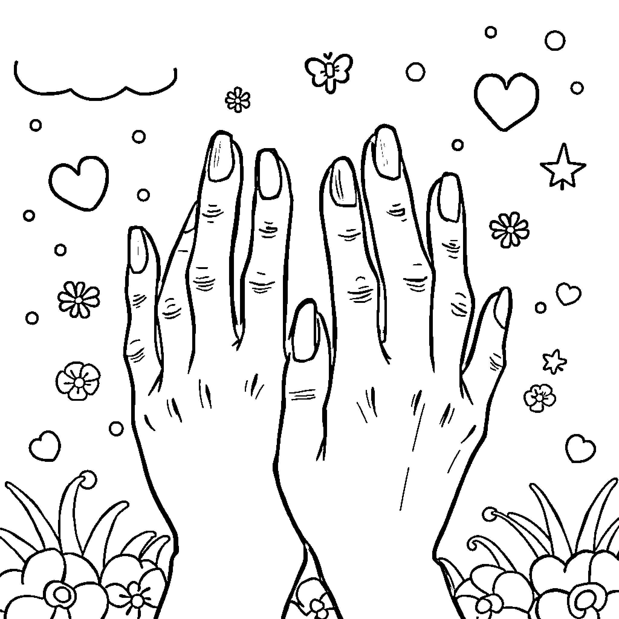 Hand gesture with flowers and hearts Coloring Page (free black-and-white line drawing printable PDF for all, from beginners to advanced learners, including children, teens, adults, and seniors)