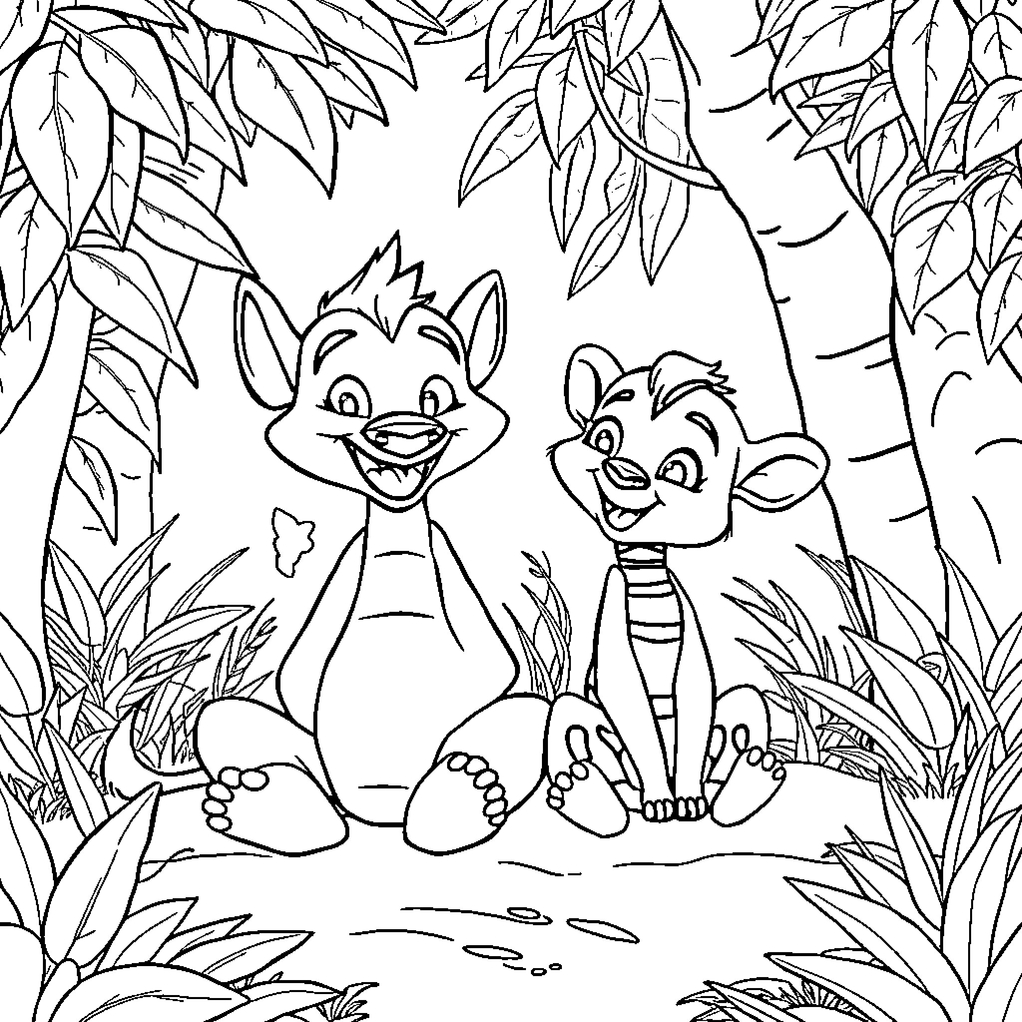 Timon and Pumba enjoying a playful day in the jungle Coloring Page (free black-and-white line drawing printable PDF for all, from beginners to advanced learners, including children, teens, adults, and seniors)