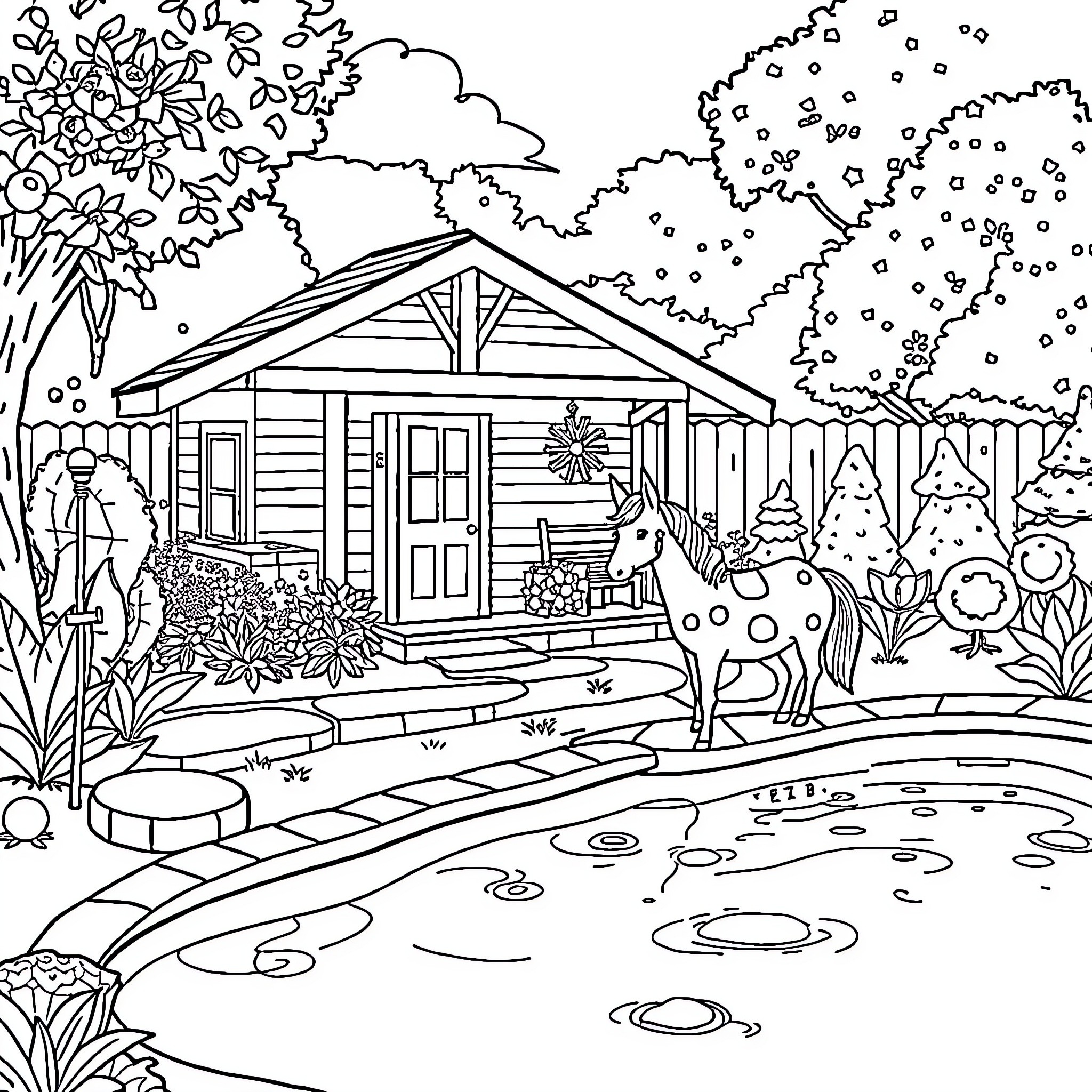Gîte in a Serene Garden with Woodland Creatures Coloring Page (free black-and-white line drawing printable PDF for all, from beginners to advanced learners, including children, teens, adults, and seniors)