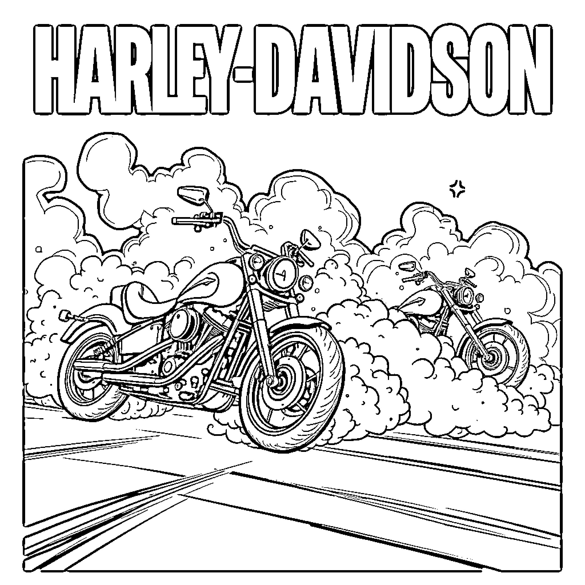 Harley Davidson motorcycles speeding down the road Coloring Page (free black-and-white line drawing printable PDF for all, from beginners to advanced learners, including children, teens, adults, and seniors)