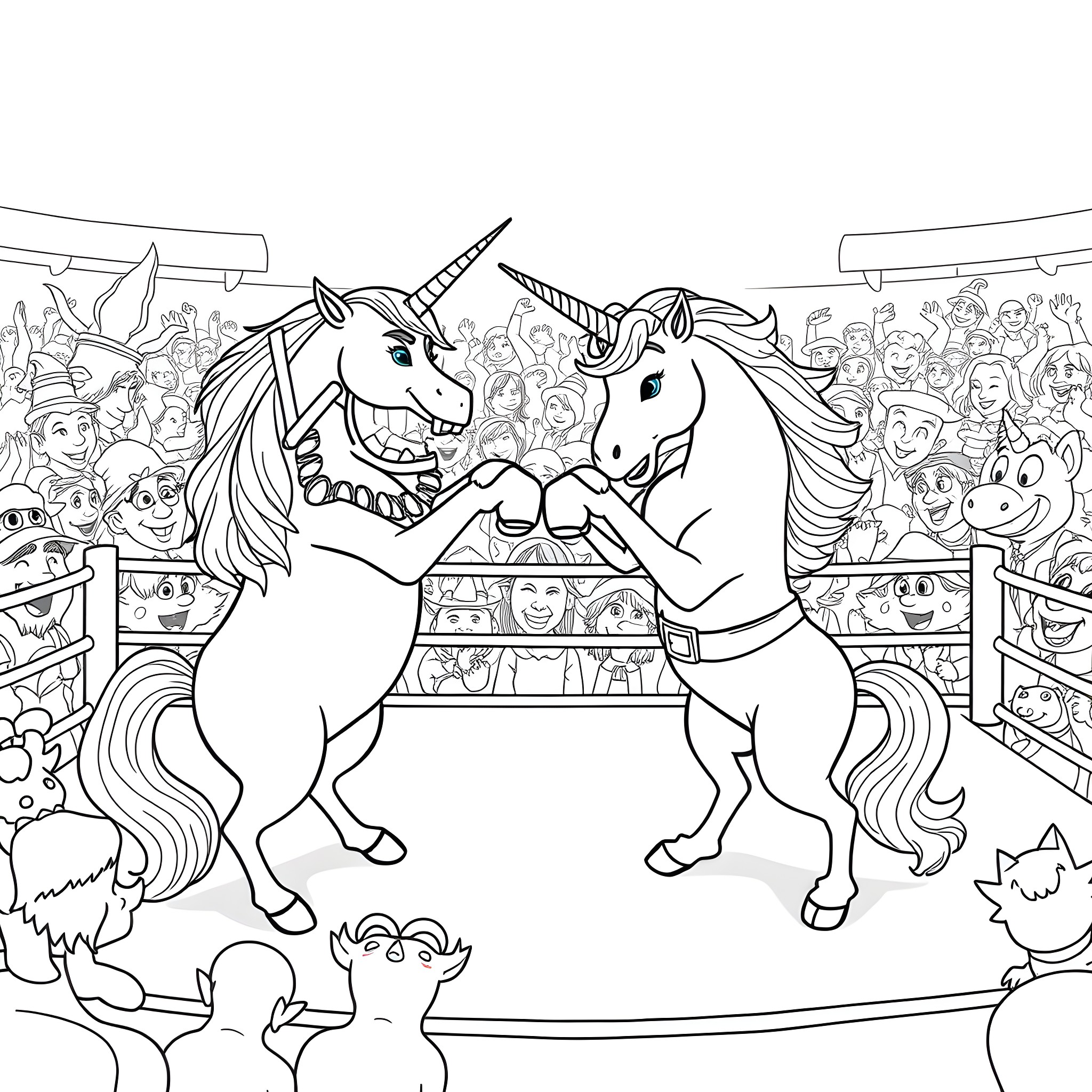 Unicorn Showdown in the Fantastical Arena Coloring Page (free black-and-white line drawing printable PDF for all, from beginners to advanced learners, including children, teens, adults, and seniors)