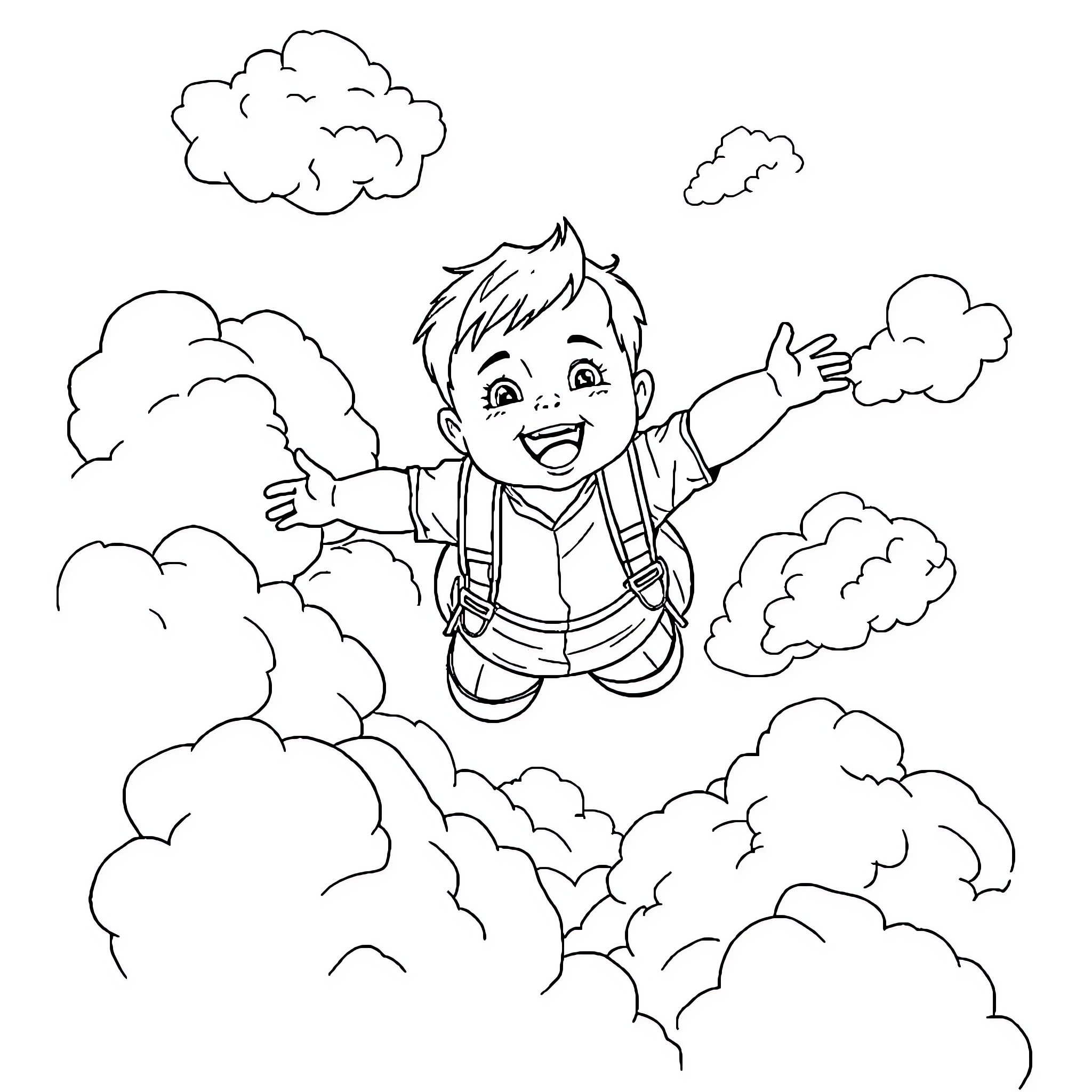 Baby Boy Floating Happily among the Clouds Coloring Page (free black-and-white line drawing printable PDF for all, from beginners to advanced learners, including children, teens, adults, and seniors)