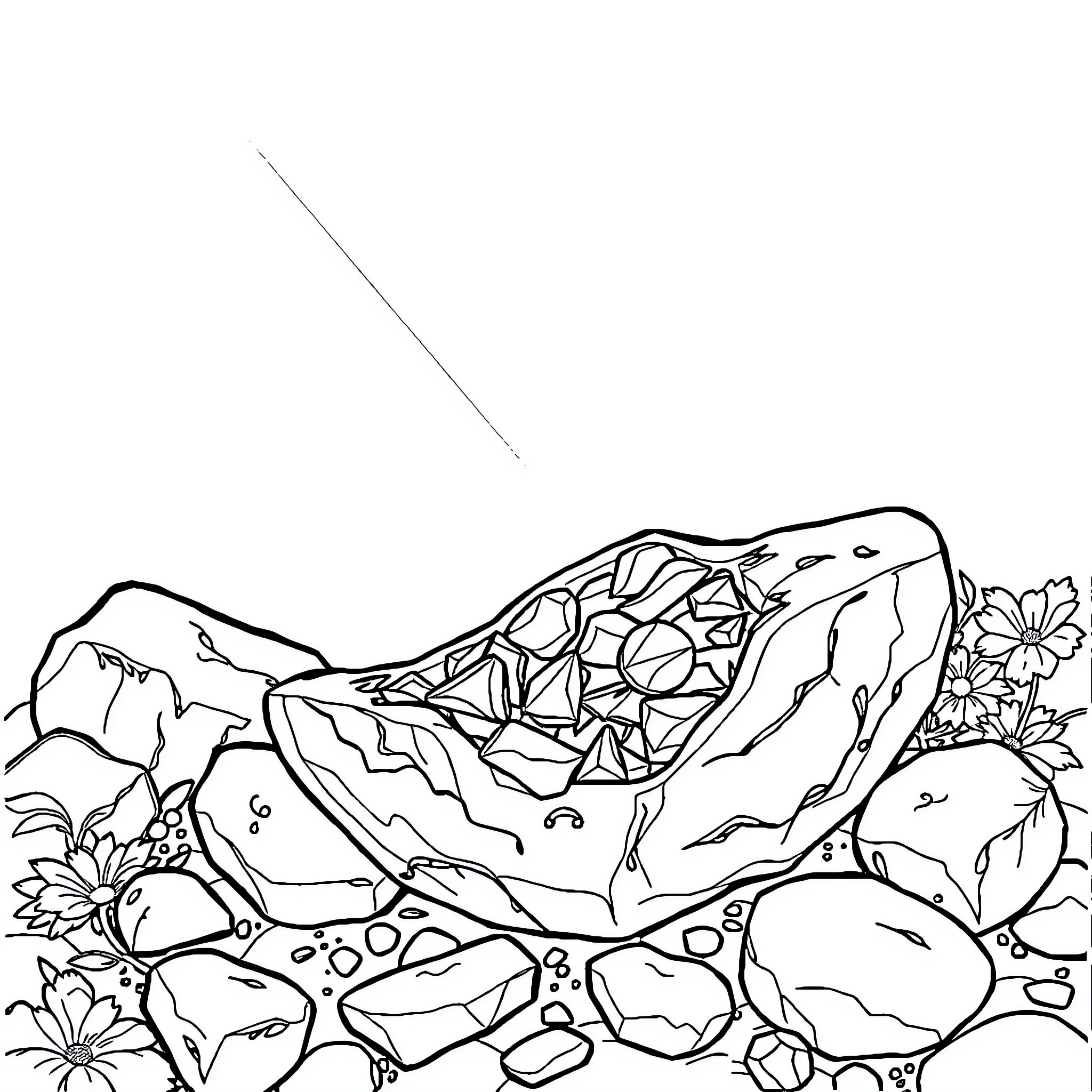 Peace among the rocks and flowers Coloring Page (free black-and-white line drawing printable PDF for all, from beginners to advanced learners, including children, teens, adults, and seniors)