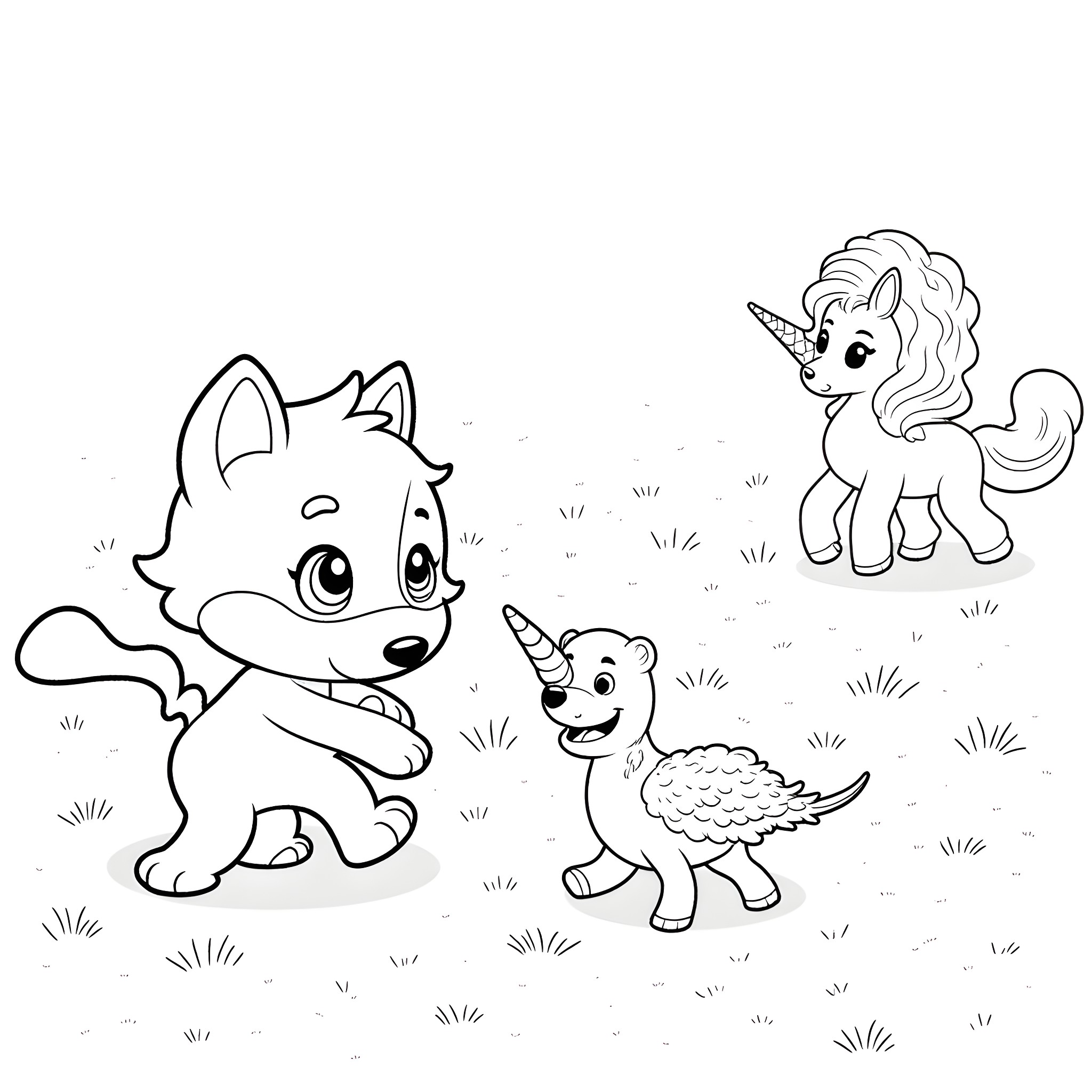 Bluey playing with unicorn and dragon friends Coloring Page (free black-and-white line drawing printable PDF for all, from beginners to advanced learners, including children, teens, adults, and seniors)