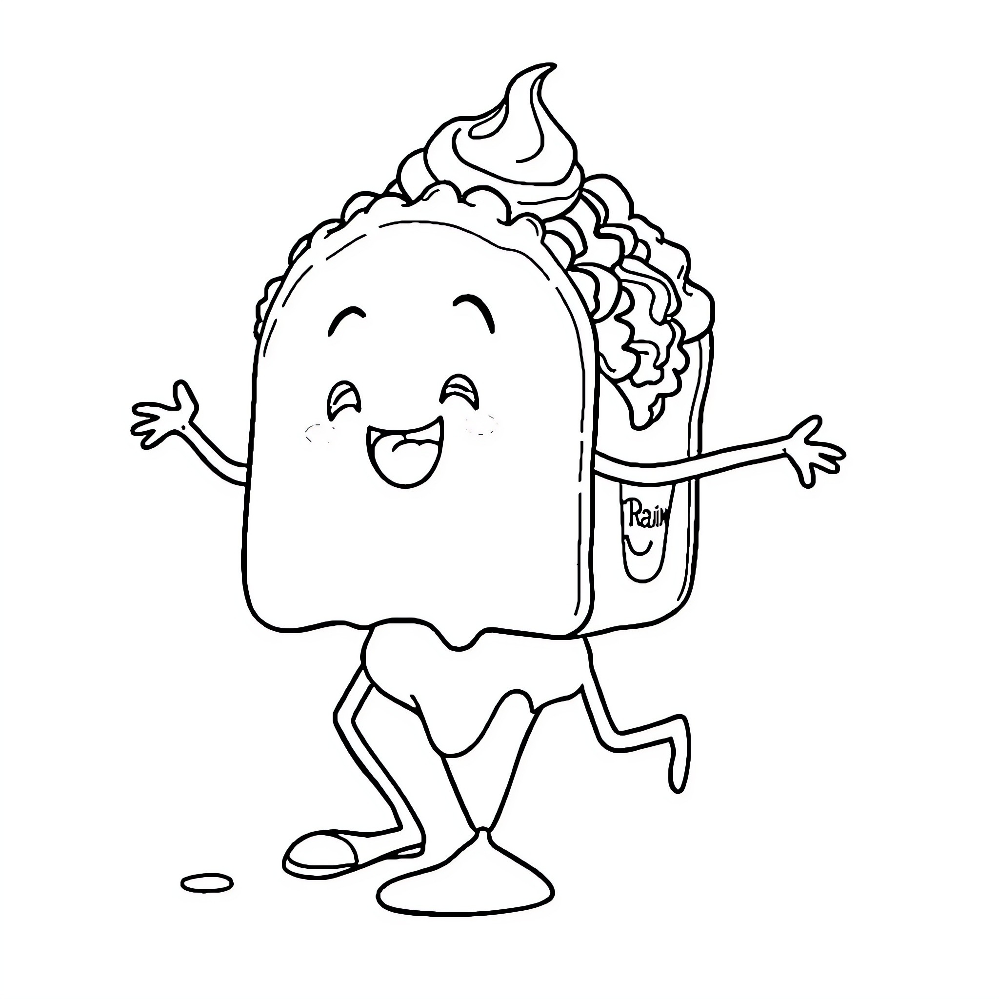 Taco character happily running with paintbrush Coloring Page (free black-and-white line drawing printable PDF for all, from beginners to advanced learners, including children, teens, adults, and seniors)