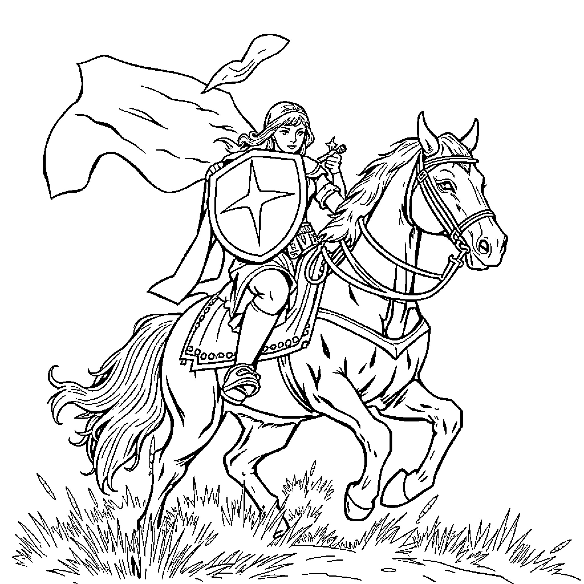 Shield Maiden Riding Courageously on Horseback Coloring Page (free black-and-white line drawing printable PDF for all, from beginners to advanced learners, including children, teens, adults, and seniors)
