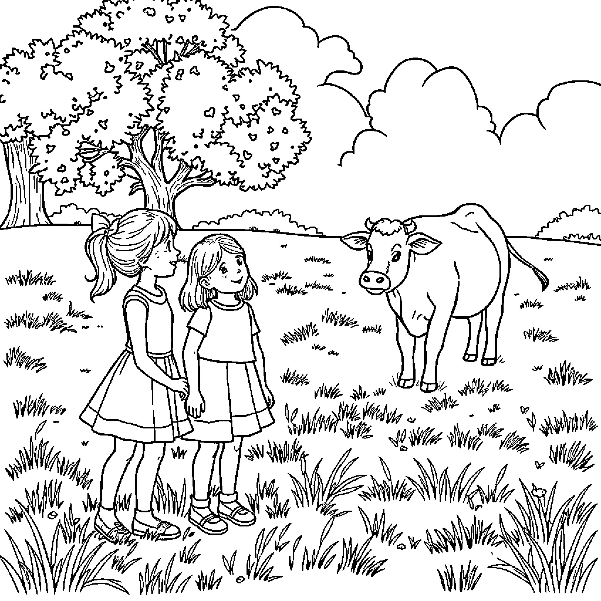 Cow in a Pastoral Landscape with Children Coloring Page (free black-and-white line drawing printable PDF for all, from beginners to advanced learners, including children, teens, adults, and seniors)