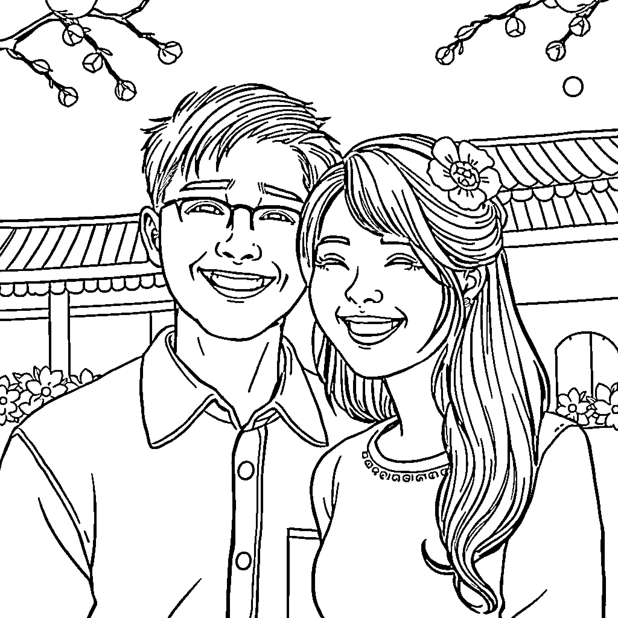 Korean Couple Smiling and Enjoying the Scenery Coloring Page (free black-and-white line drawing printable PDF for all, from beginners to advanced learners, including children, teens, adults, and seniors)