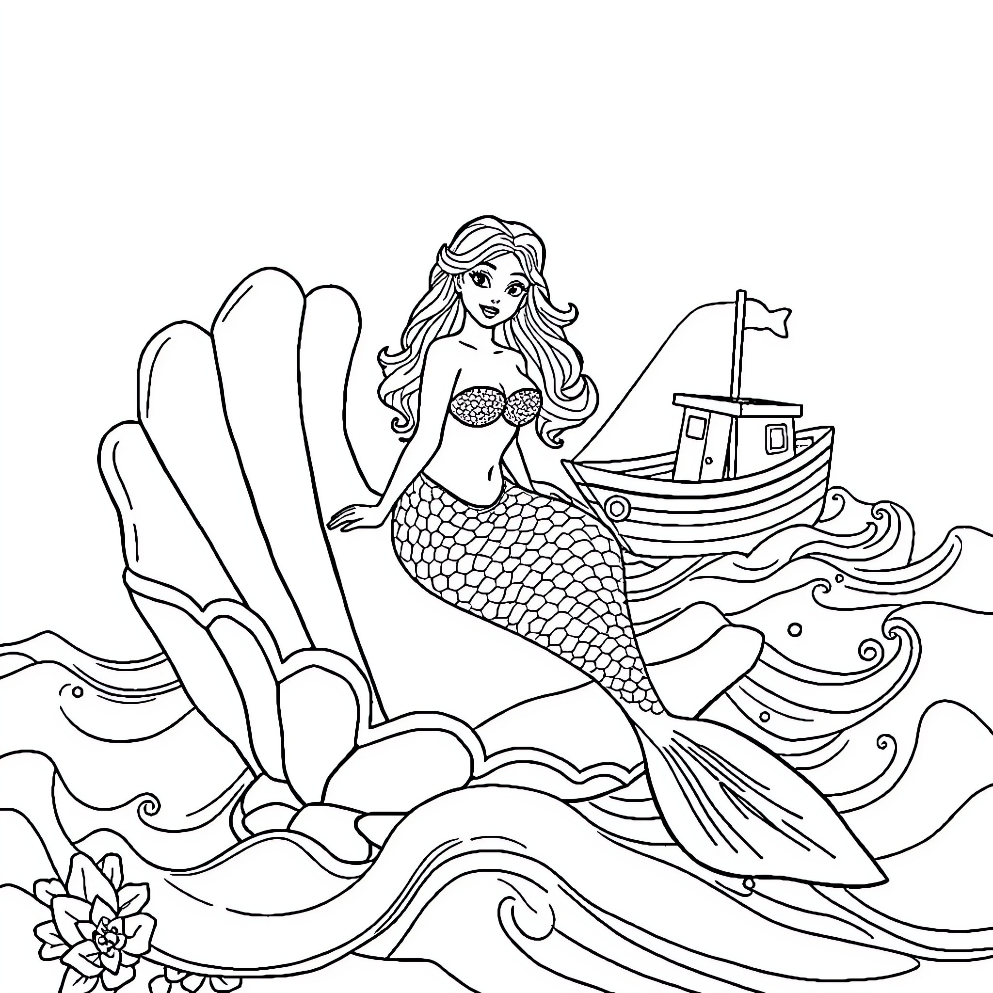 Mermaid swimming gracefully with boat in the waves Coloring Page (free black-and-white line drawing printable PDF for all, from beginners to advanced learners, including children, teens, adults, and seniors)