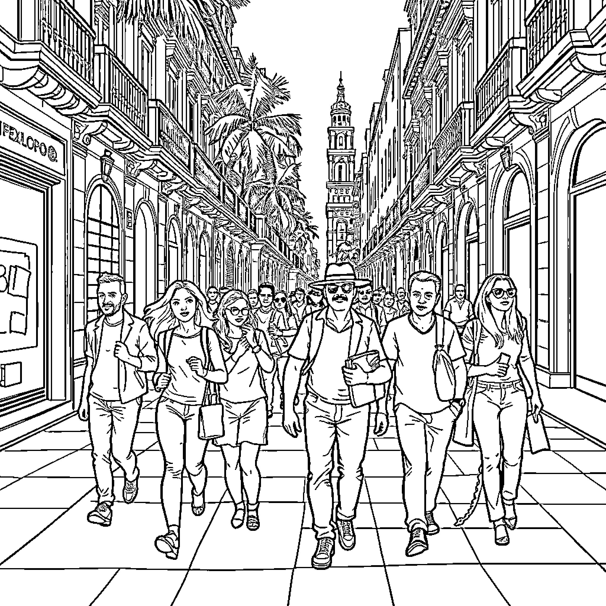 Personajes caminando por una calle concurrida Coloring Page (free black-and-white line drawing printable PDF for all, from beginners to advanced learners, including children, teens, adults, and seniors)