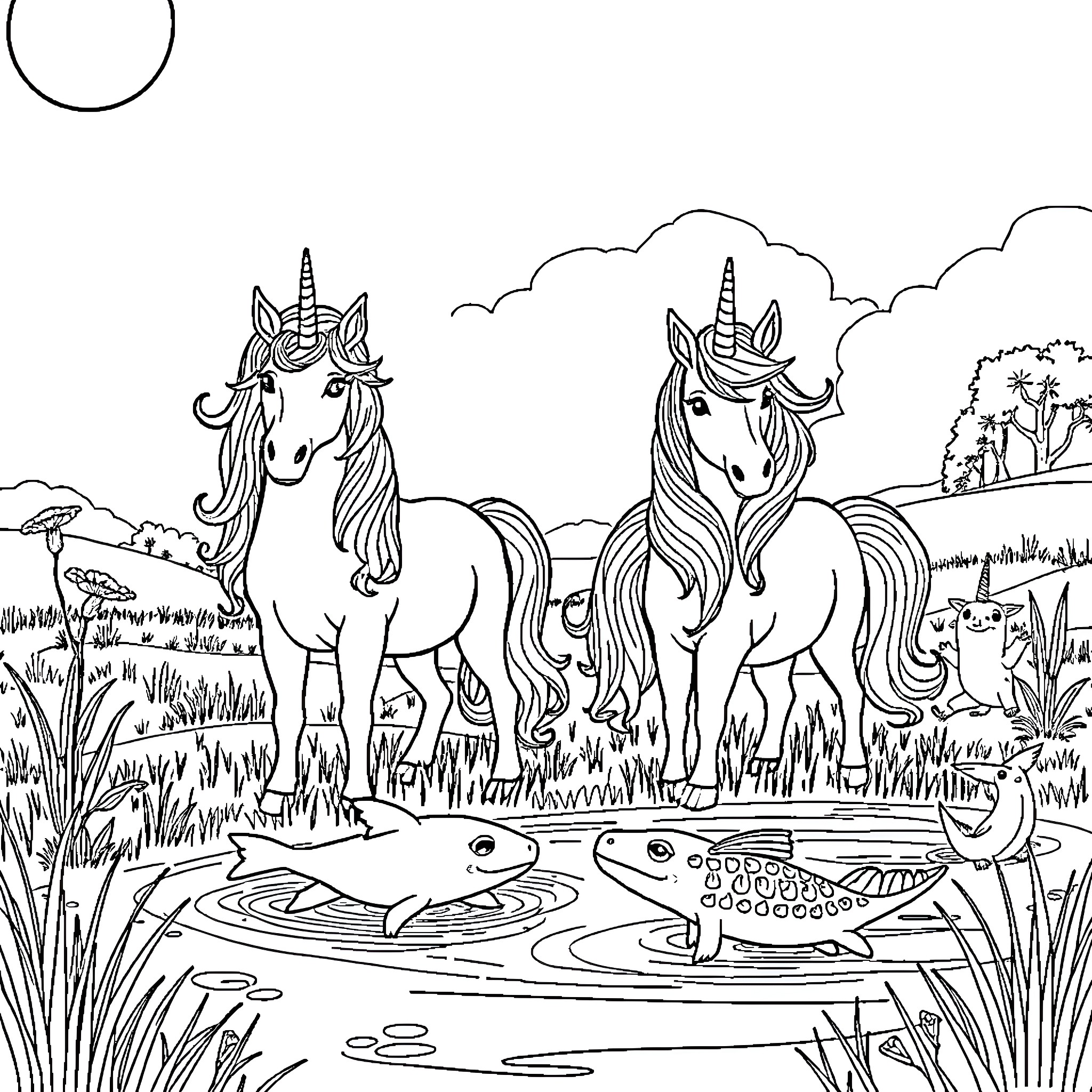 Unicorns frolicking in a magical meadow Coloring Page (free black-and-white line drawing printable PDF for all, from beginners to advanced learners, including children, teens, adults, and seniors)
