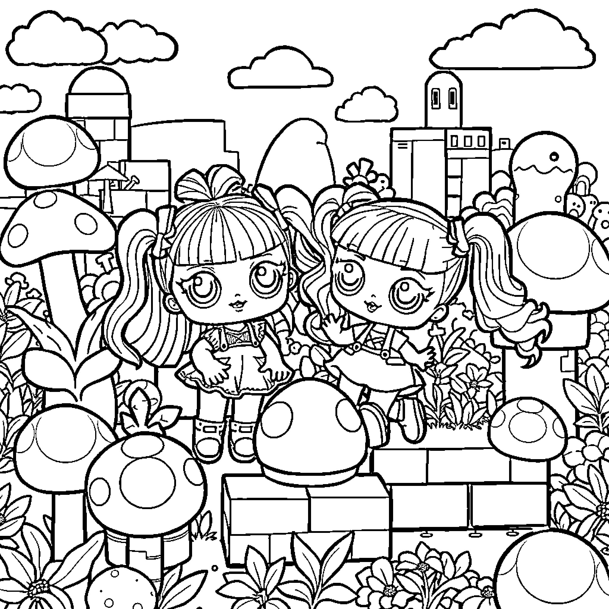 Lol Dolls playing in a whimsical garden scene Coloring Page (free black-and-white line drawing printable PDF for all, from beginners to advanced learners, including children, teens, adults, and seniors)