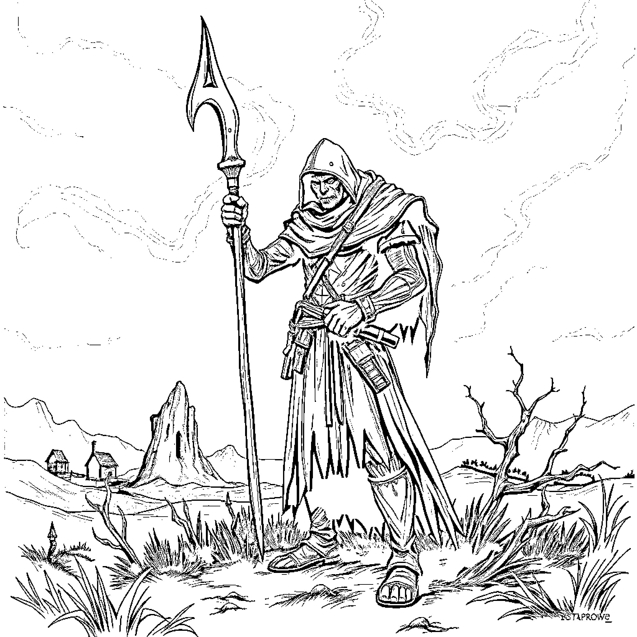 Bell Bearing Hunter in a Mysterious Landscape Coloring Page (free black-and-white line drawing printable PDF for all, from beginners to advanced learners, including children, teens, adults, and seniors)