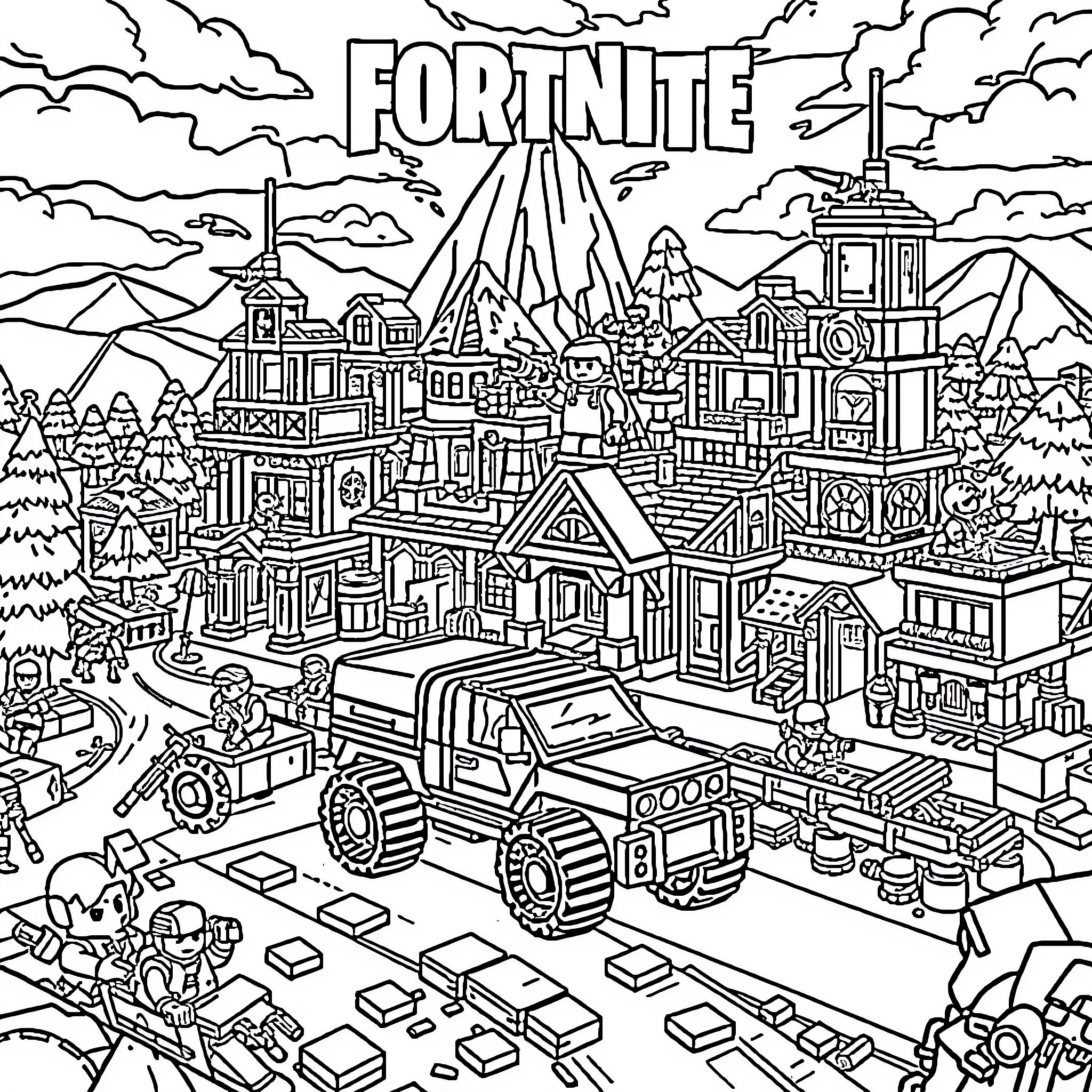 Lego Fortnite Battle Royale Scene with Buildings and Vehicles Coloring Page (free black-and-white line drawing printable PDF for all, from beginners to advanced learners, including children, teens, adults, and seniors)