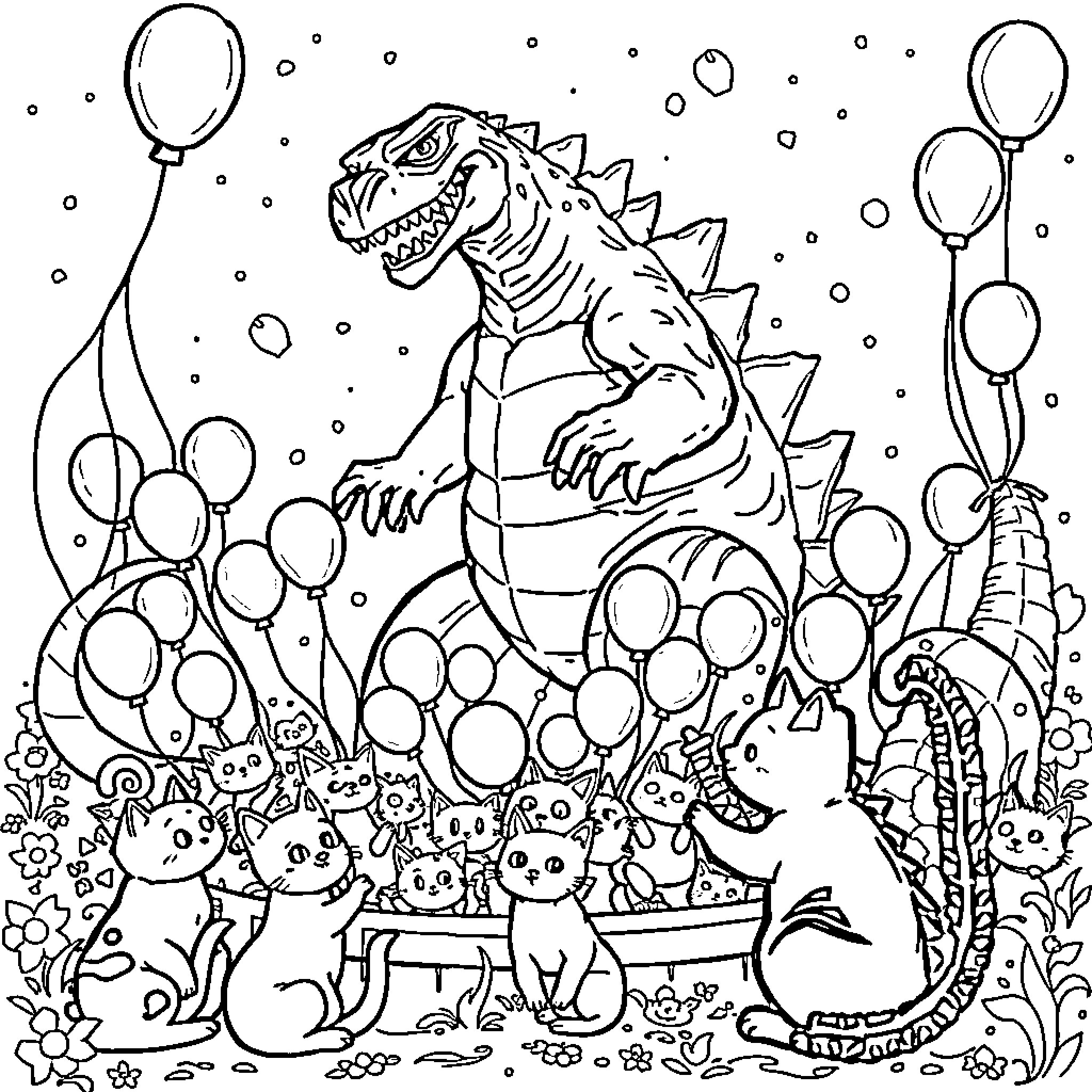 Godzilla among cats and balloons in nature Coloring Page (free black-and-white line drawing printable PDF for all, from beginners to advanced learners, including children, teens, adults, and seniors)
