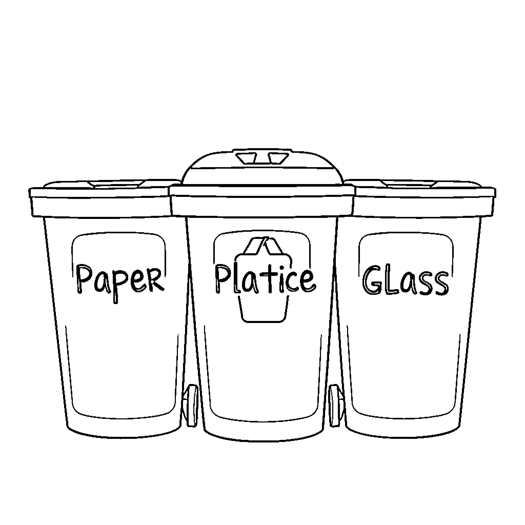 Recycling Bin Labeled for Paper, Plastic, and Glass Coloring Page (free black-and-white line drawing printable PDF for all, from beginners to advanced learners, including children, teens, adults, and seniors)