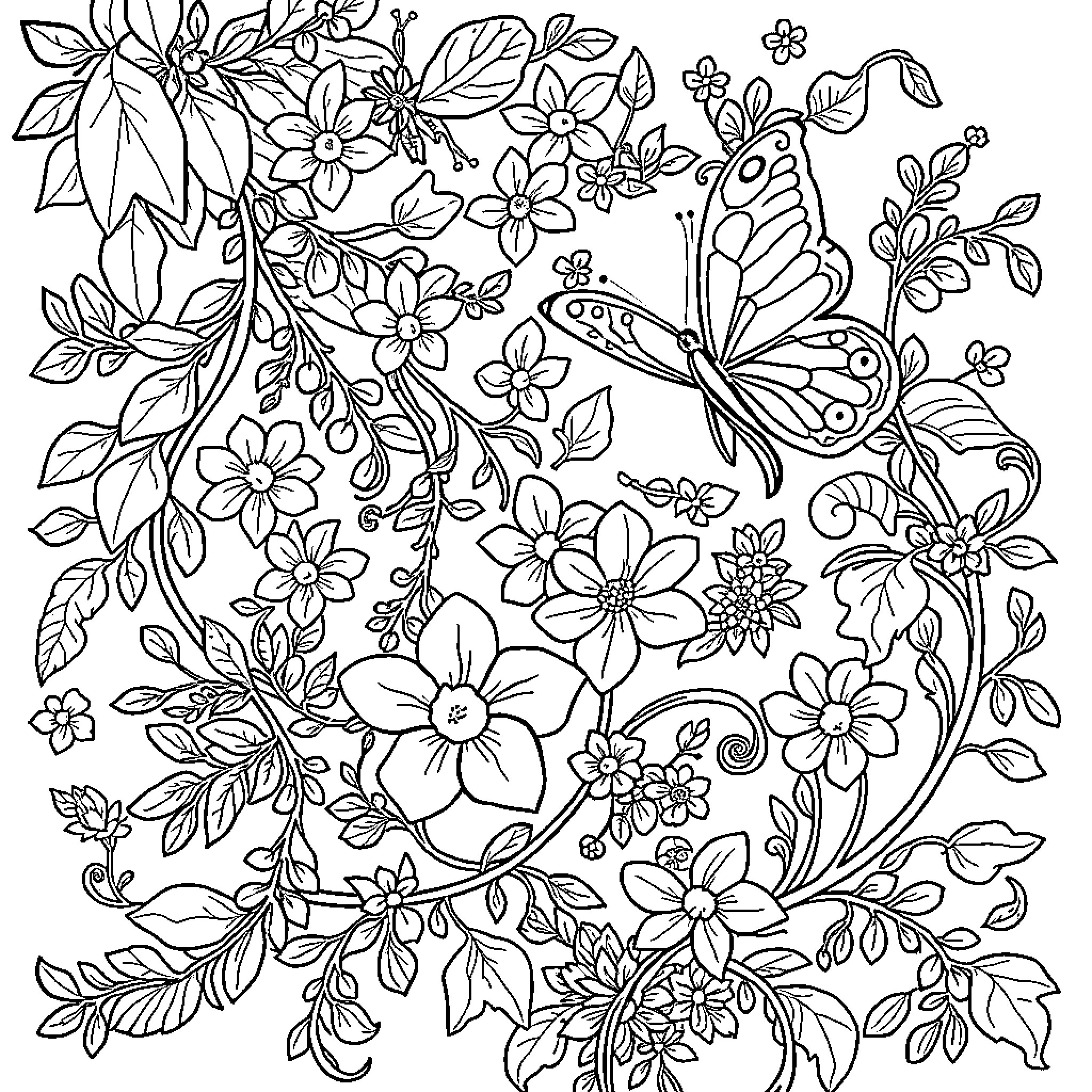 Nature's Floral Delight with Butterflies Coloring Page (free black-and-white line drawing printable PDF for all, from beginners to advanced learners, including children, teens, adults, and seniors)