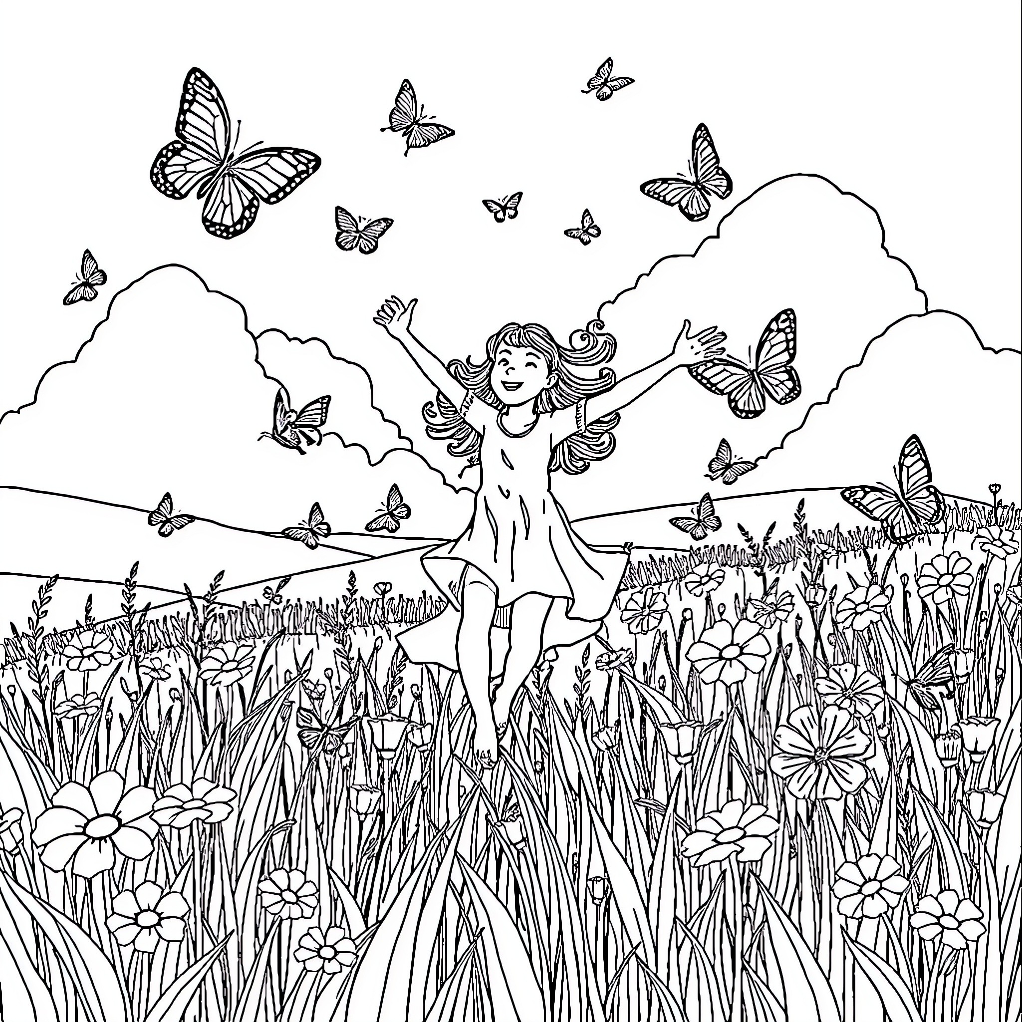 Butterfly Girl Surrounded by Butterflies in a Meadow Coloring Page (free black-and-white line drawing printable PDF for all, from beginners to advanced learners, including children, teens, adults, and seniors)