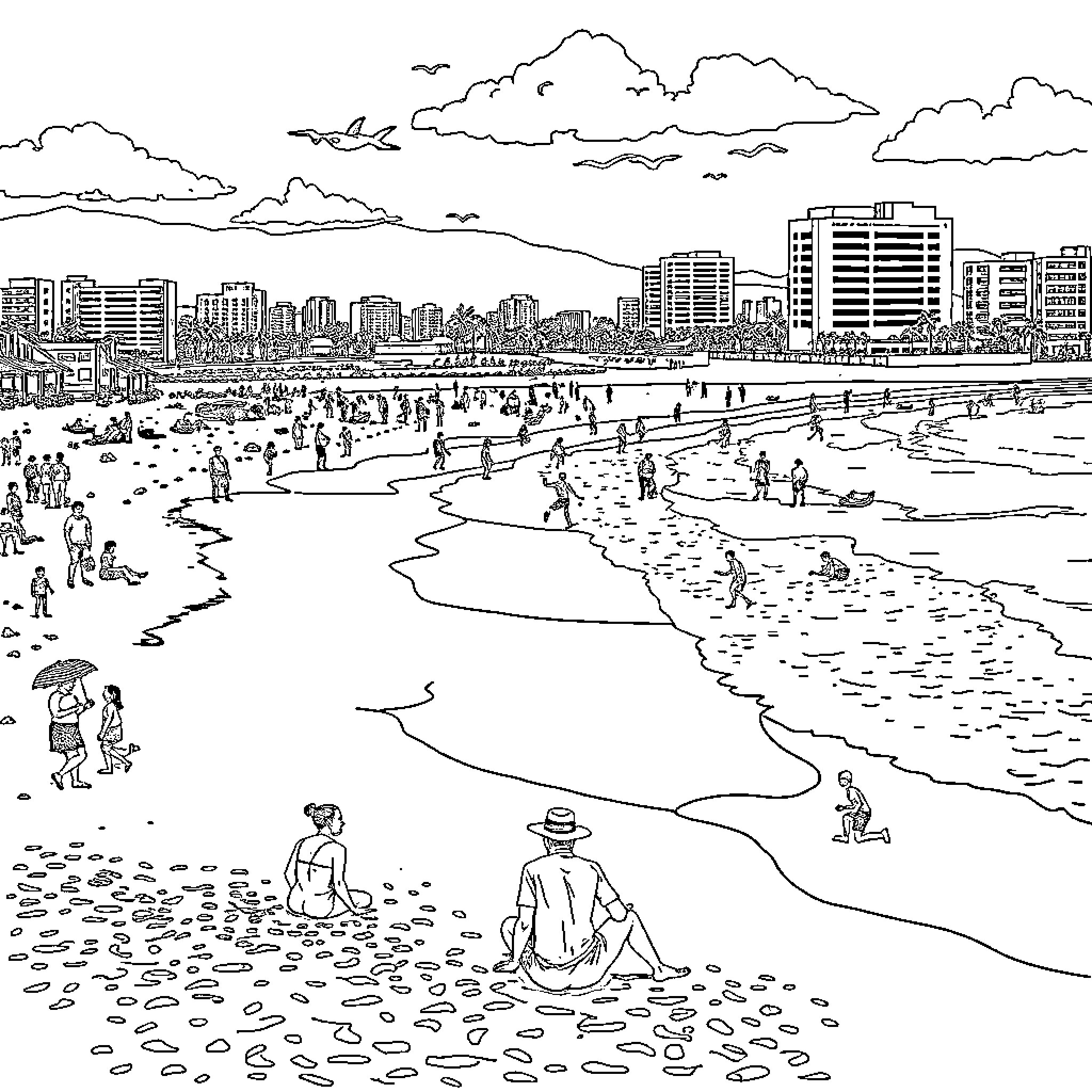 Beach with bustling city skyline and people enjoying the shore Coloring Page (free black-and-white line drawing printable PDF for all, from beginners to advanced learners, including children, teens, adults, and seniors)