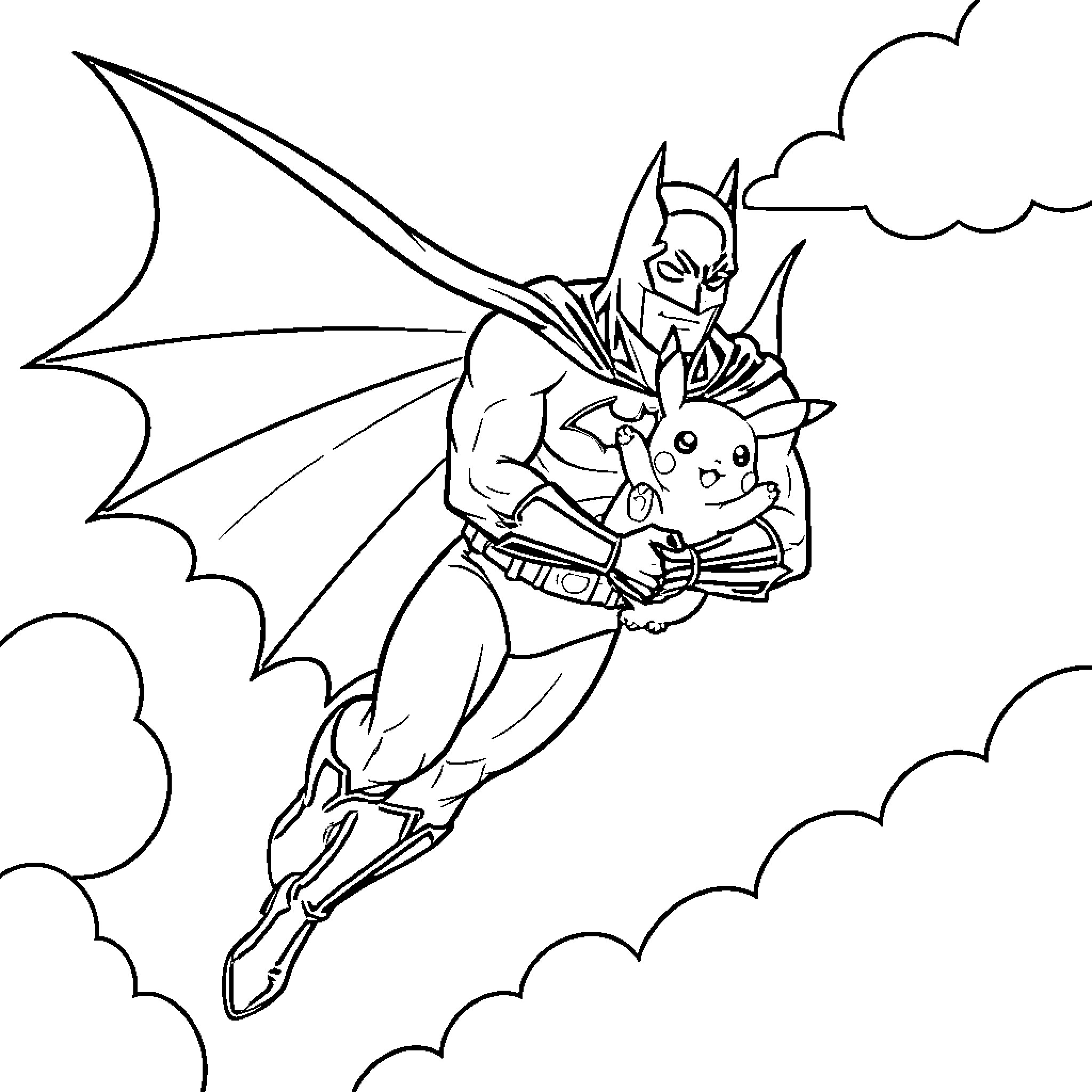 Batman flying through clouds while holding Pikachu Coloring Page (free black-and-white line drawing printable PDF for all, from beginners to advanced learners, including children, teens, adults, and seniors)