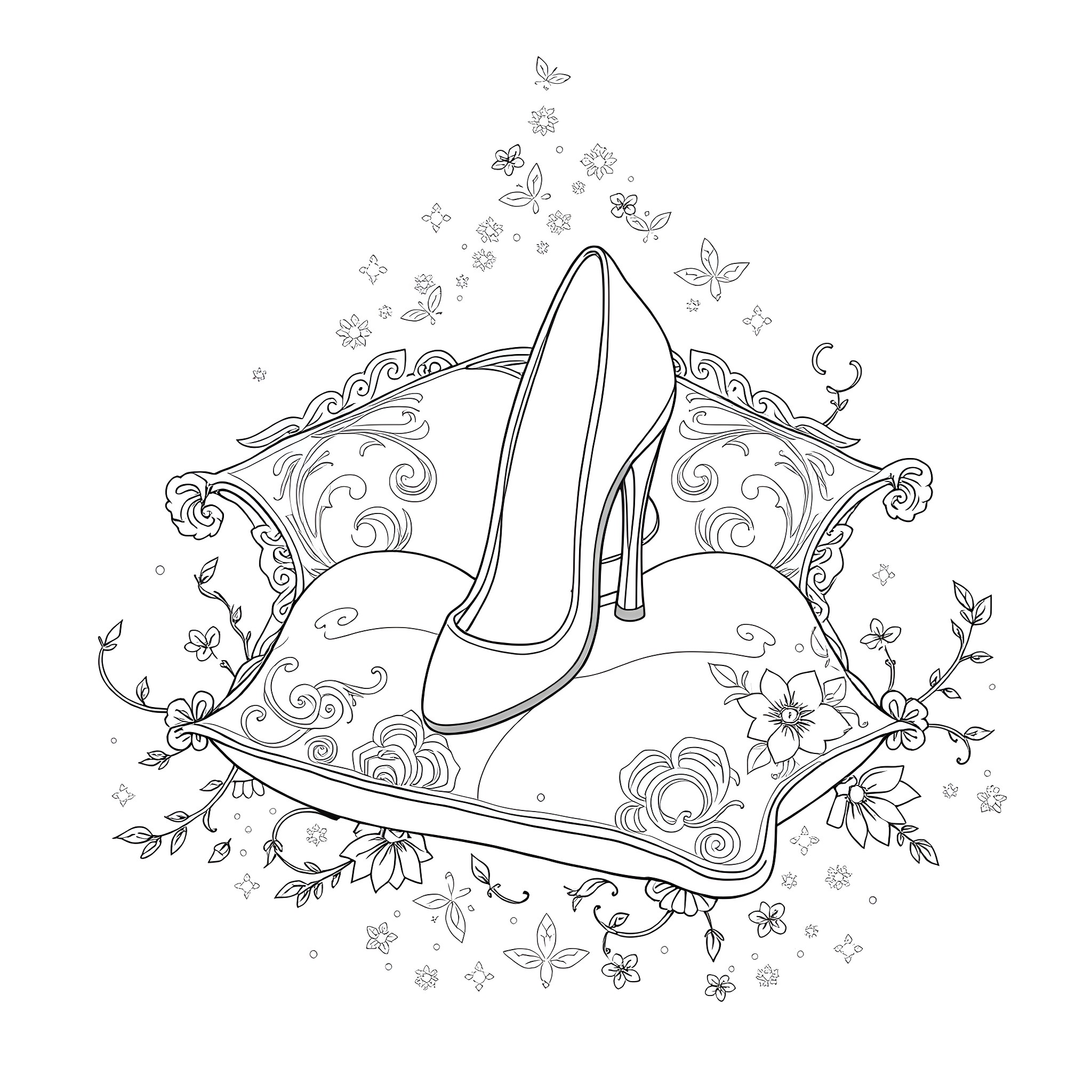 Cinderella's glass slipper with floral and butterfly elements Coloring Page (free black-and-white line drawing printable PDF for all, from beginners to advanced learners, including children, teens, adults, and seniors)