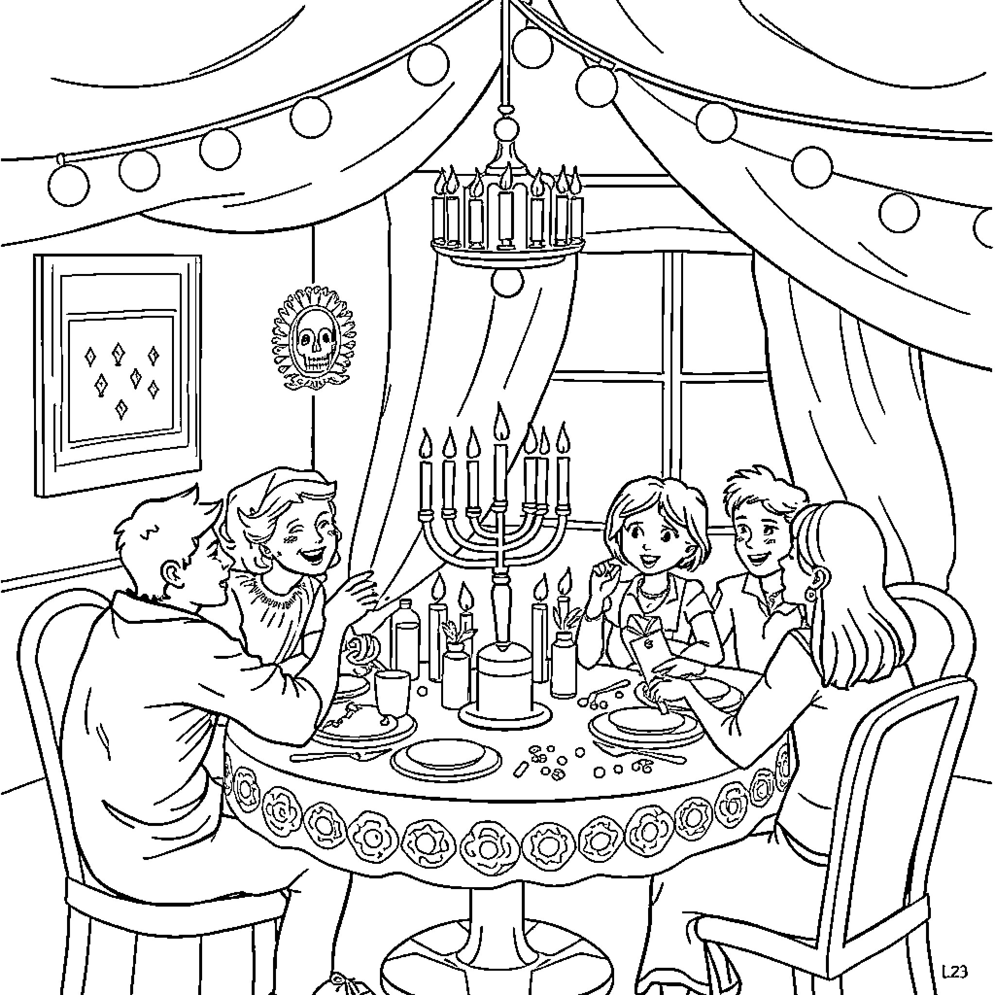 Hanukkah celebration with family around the table Coloring Page (free black-and-white line drawing printable PDF for all, from beginners to advanced learners, including children, teens, adults, and seniors)