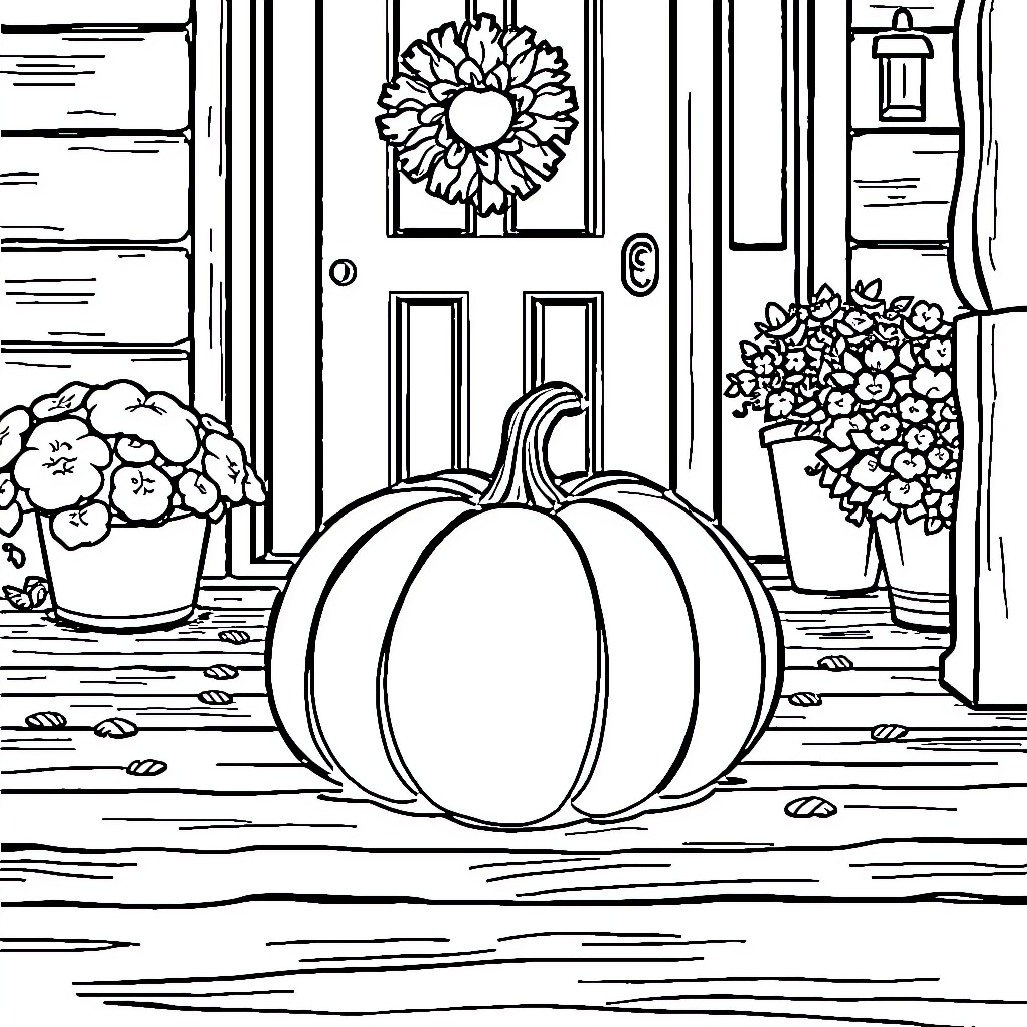 Pumpkin Decorates Autumn Doorway Coloring Page (free black-and-white line drawing printable PDF for all, from beginners to advanced learners, including children, teens, adults, and seniors)