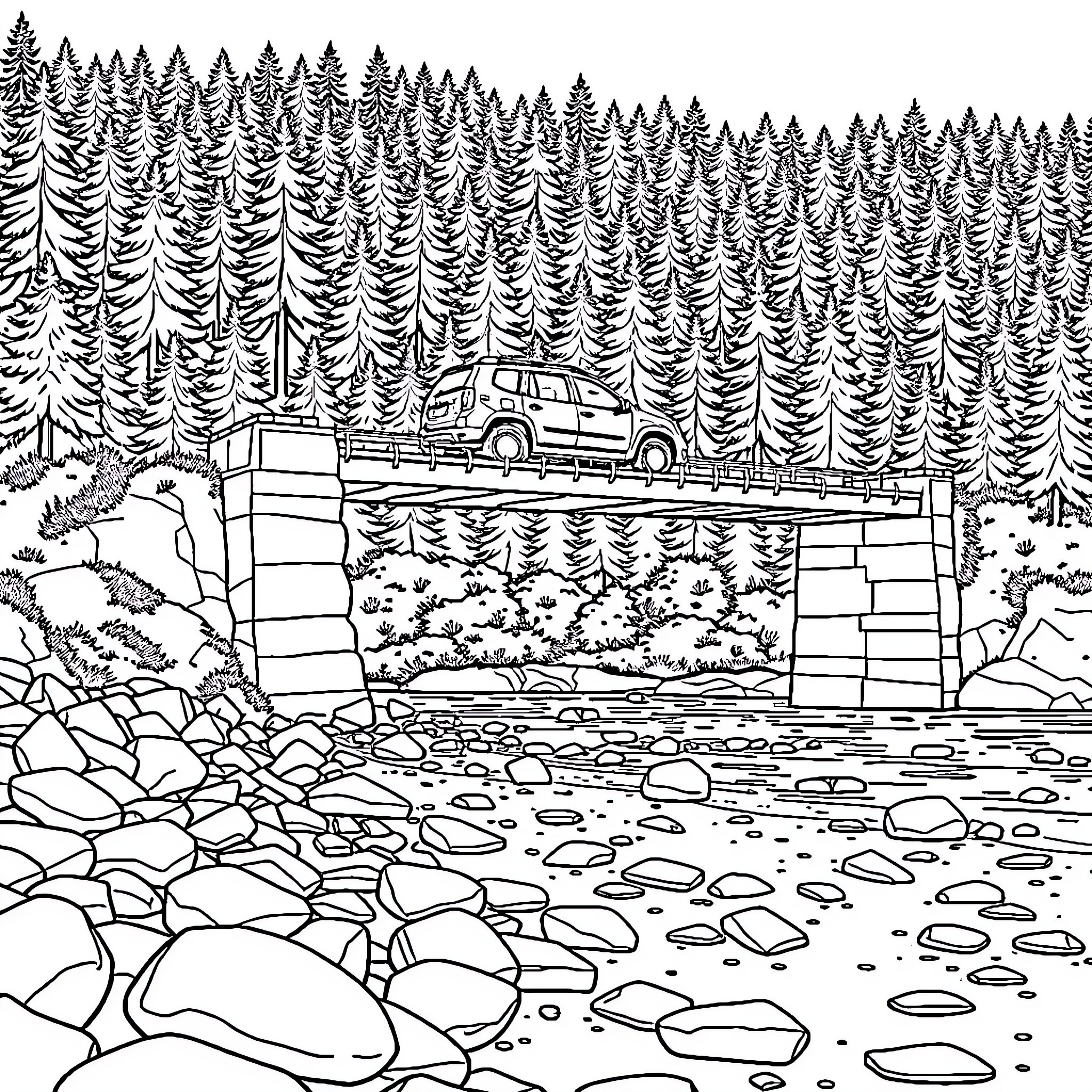 Renault Duster Traversing a Rugged Mountain Bridge Coloring Page (free black-and-white line drawing printable PDF for all, from beginners to advanced learners, including children, teens, adults, and seniors)