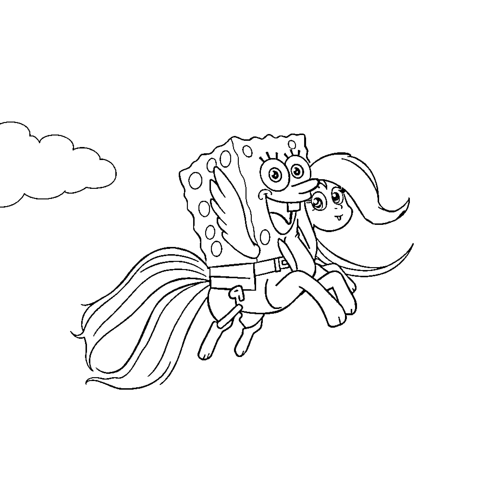 Spongebob flying with a jetpack Coloring Page (free black-and-white line drawing printable PDF for all, from beginners to advanced learners, including children, teens, adults, and seniors)