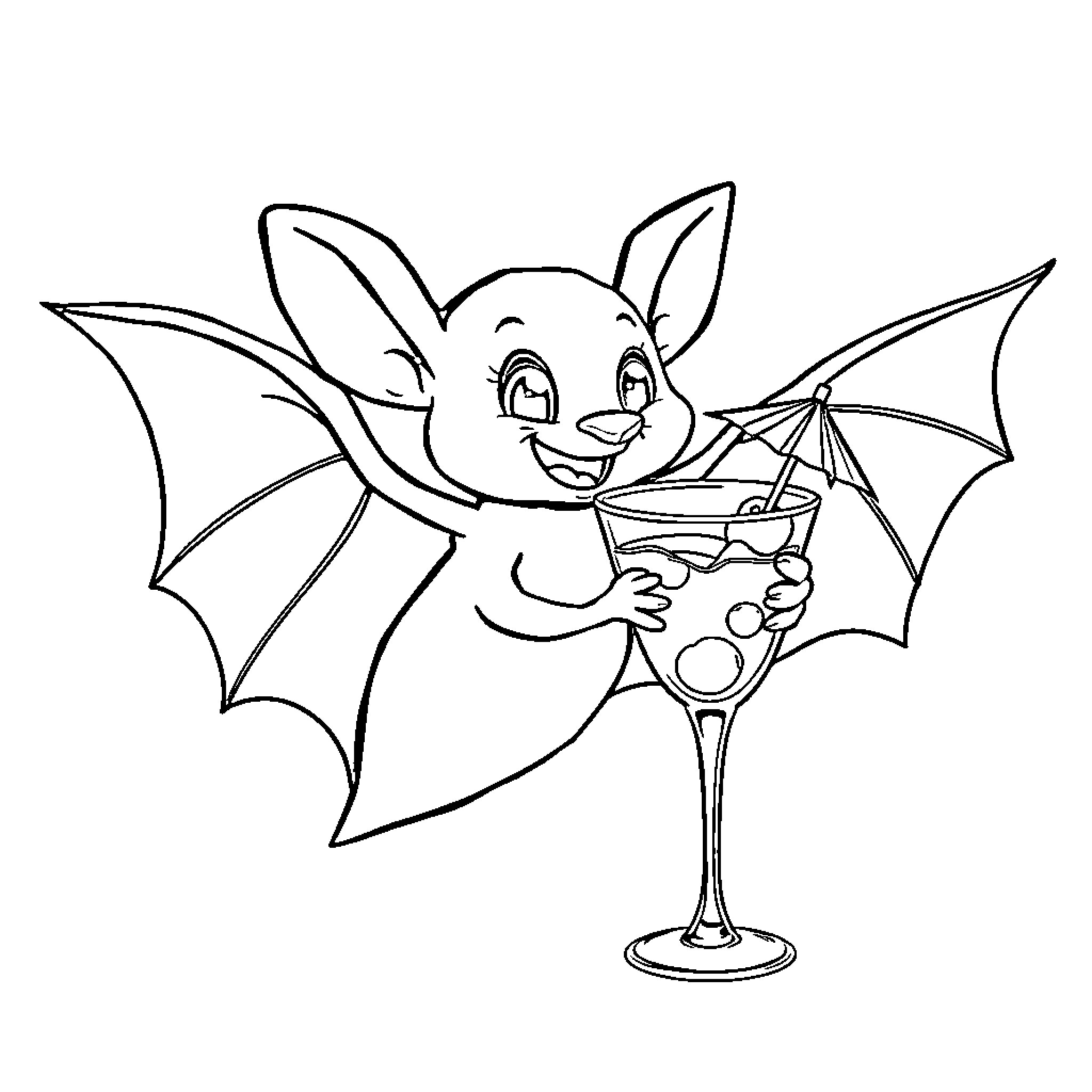 Bat enjoying a refreshing cocktail Coloring Page (free black-and-white line drawing printable PDF for all, from beginners to advanced learners, including children, teens, adults, and seniors)