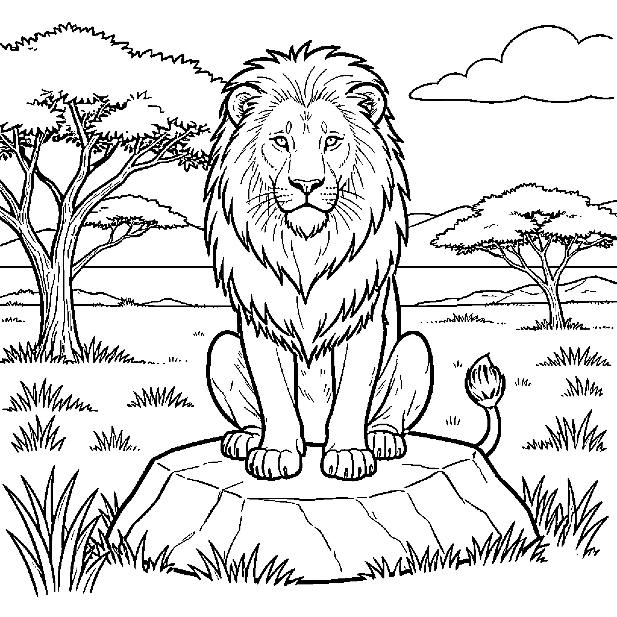 Lion standing proud in the African savanna Coloring Page (free black-and-white line drawing printable PDF for all, from beginners to advanced learners, including children, teens, adults, and seniors)