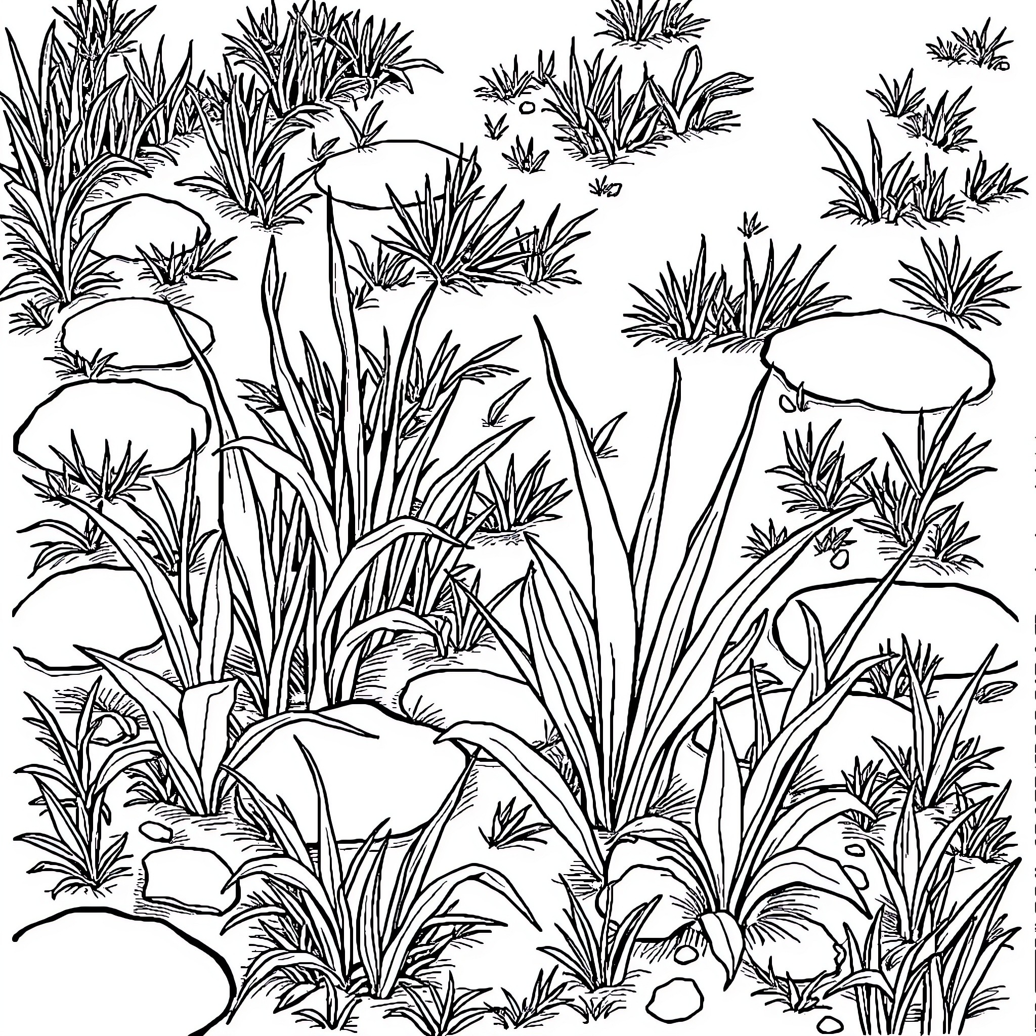 Weed garden scene with various plants Coloring Page (free black-and-white line drawing printable PDF for all, from beginners to advanced learners, including children, teens, adults, and seniors)
