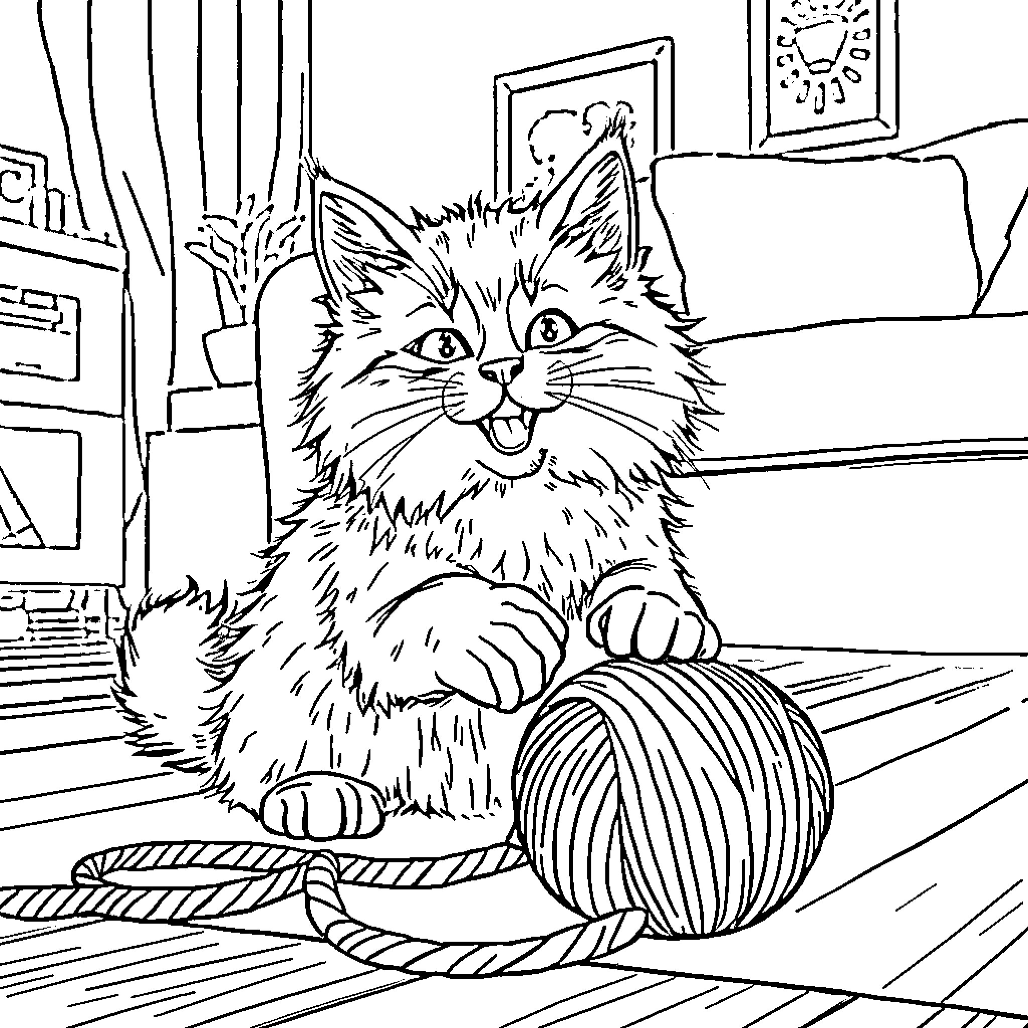 Cat playing with yarn in cozy room Coloring Page (free black-and-white line drawing printable PDF for all, from beginners to advanced learners, including children, teens, adults, and seniors)