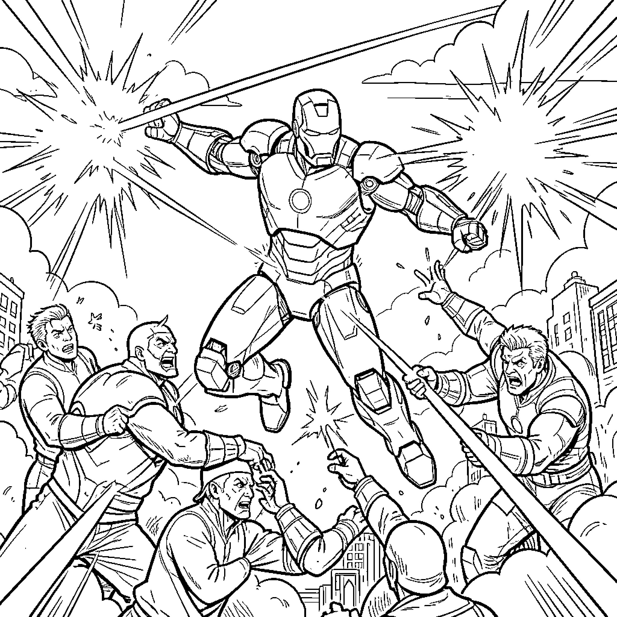 Iron Man fighting enemies in a dynamic battle scene Coloring Page (free black-and-white line drawing printable PDF for all, from beginners to advanced learners, including children, teens, adults, and seniors)