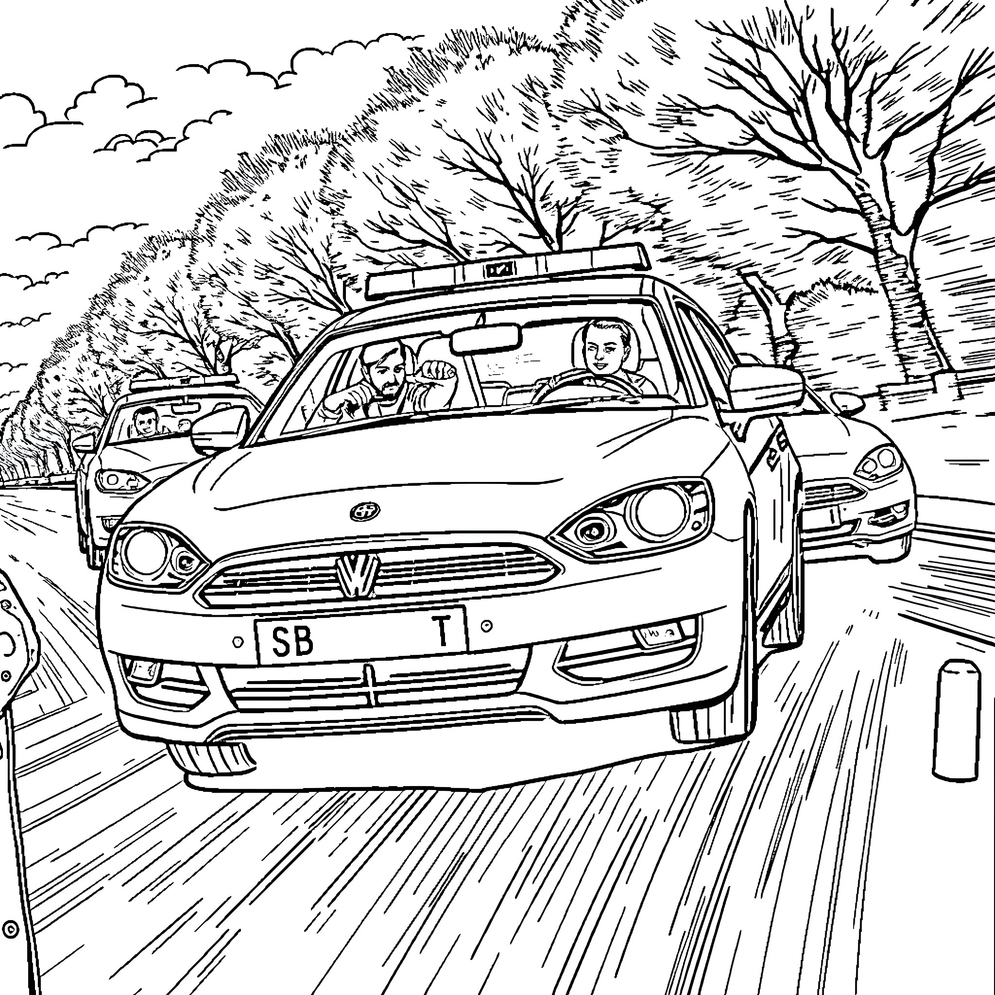 Police Vehicle Speeding Through Wooded Road Coloring Page (free black-and-white line drawing printable PDF for all, from beginners to advanced learners, including children, teens, adults, and seniors)