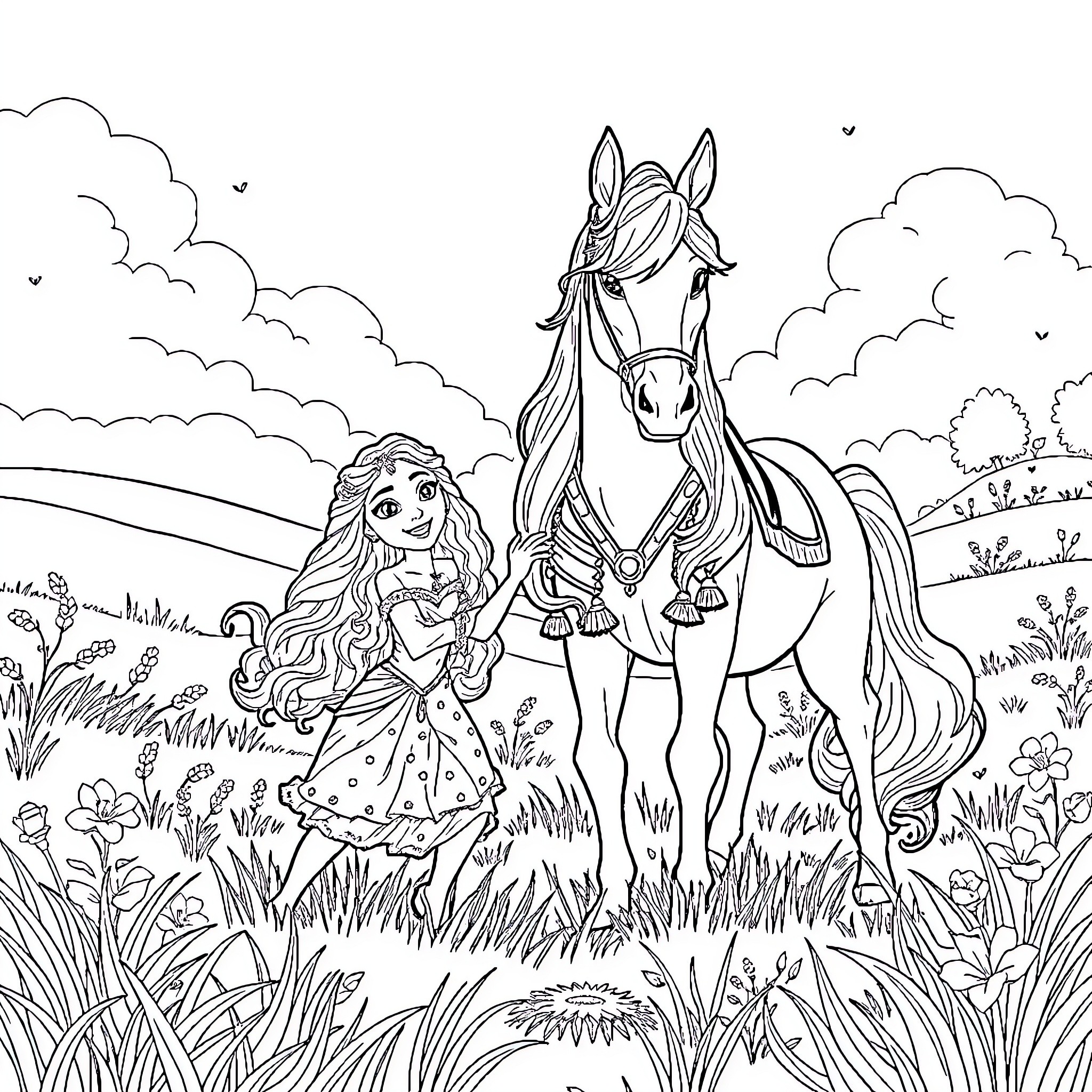 Vaiana exploring the meadow with her loyal horse Coloring Page (free black-and-white line drawing printable PDF for all, from beginners to advanced learners, including children, teens, adults, and seniors)