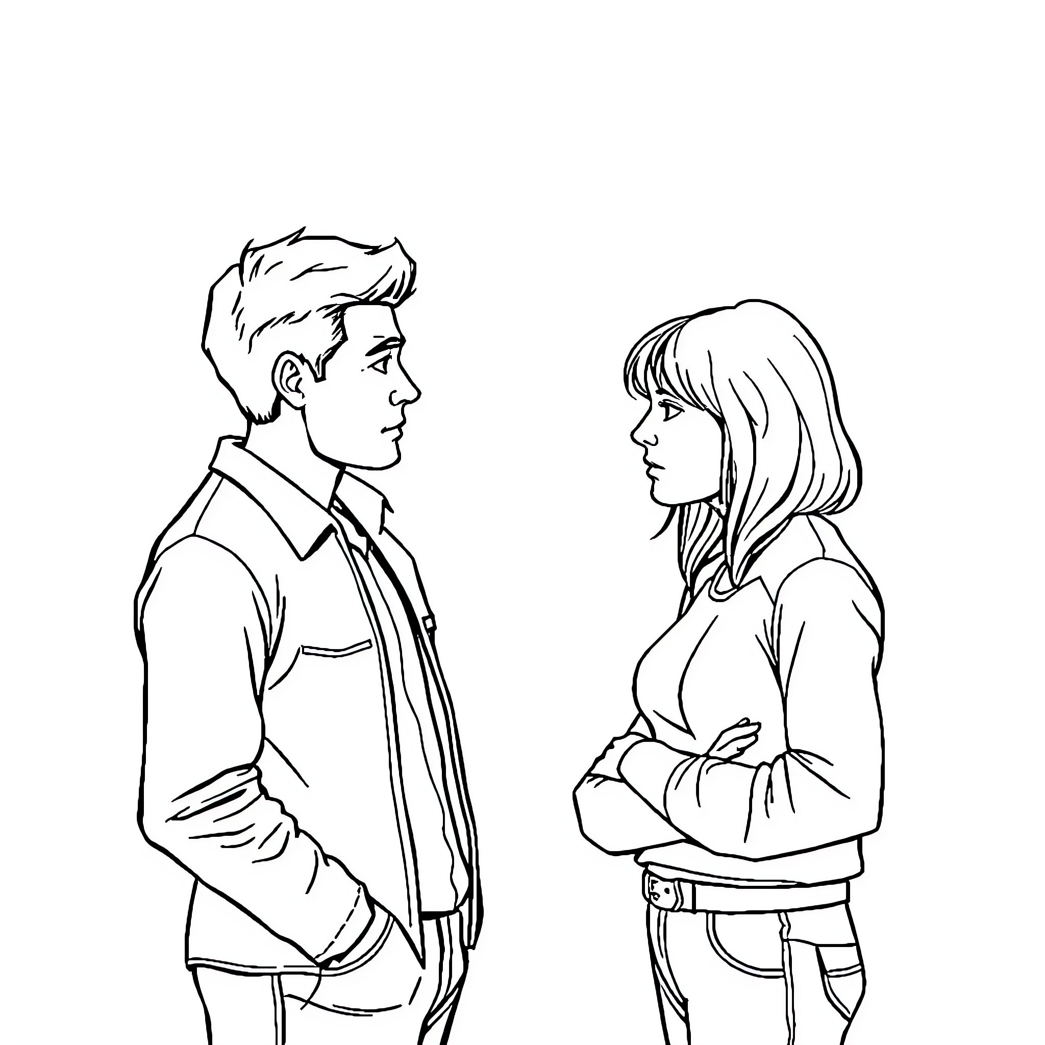 Adult couple having a serious conversation Coloring Page (free black-and-white line drawing printable PDF for all, from beginners to advanced learners, including children, teens, adults, and seniors)