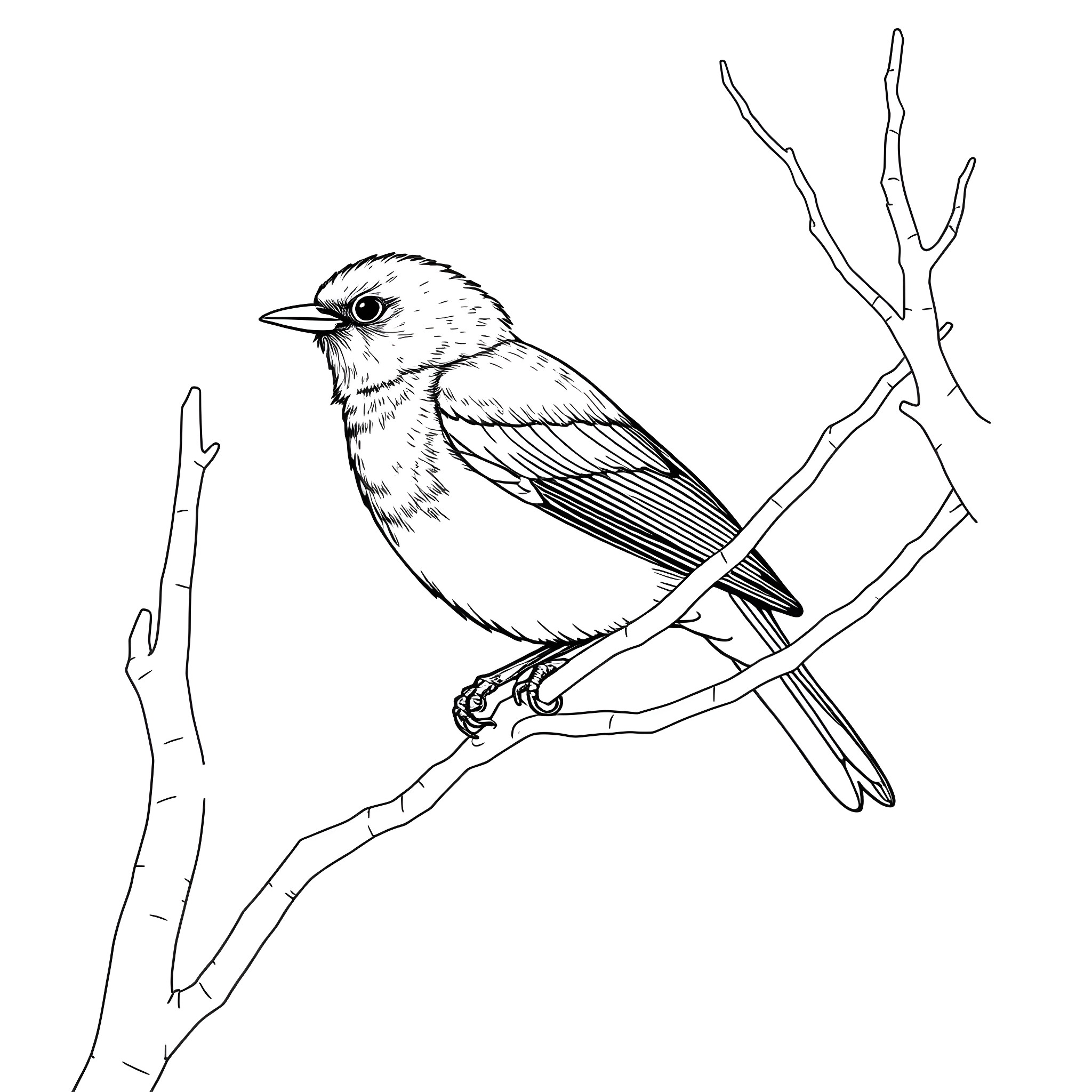 Indigo Bunting perching on a branch Coloring Page (free black-and-white line drawing printable PDF for all, from beginners to advanced learners, including children, teens, adults, and seniors)