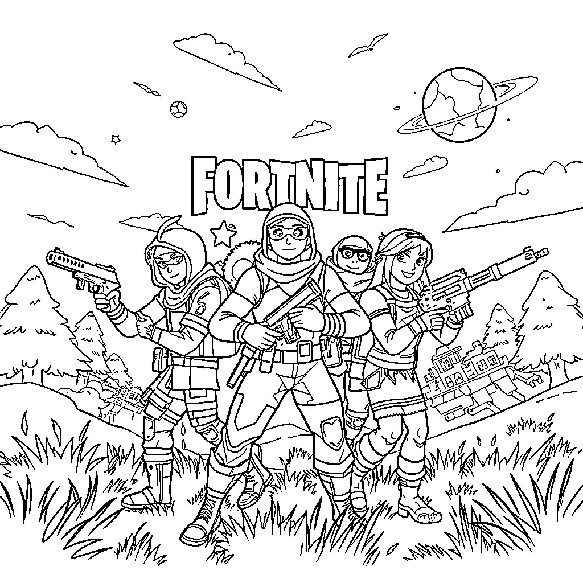 Fortnite Figure Posing with Weapons in Outdoor Landscape Coloring Page (free black-and-white line drawing printable PDF for all, from beginners to advanced learners, including children, teens, adults, and seniors)