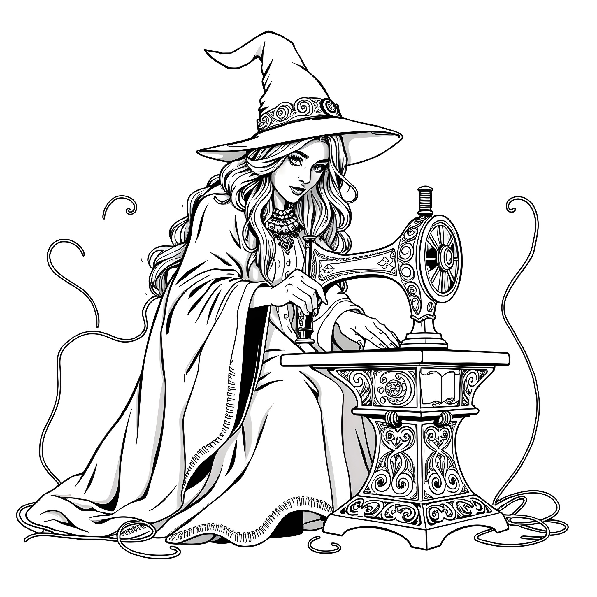 Witch sewing intricate designs on an antique sewing machine Coloring Page (free black-and-white line drawing printable PDF for all, from beginners to advanced learners, including children, teens, adults, and seniors)