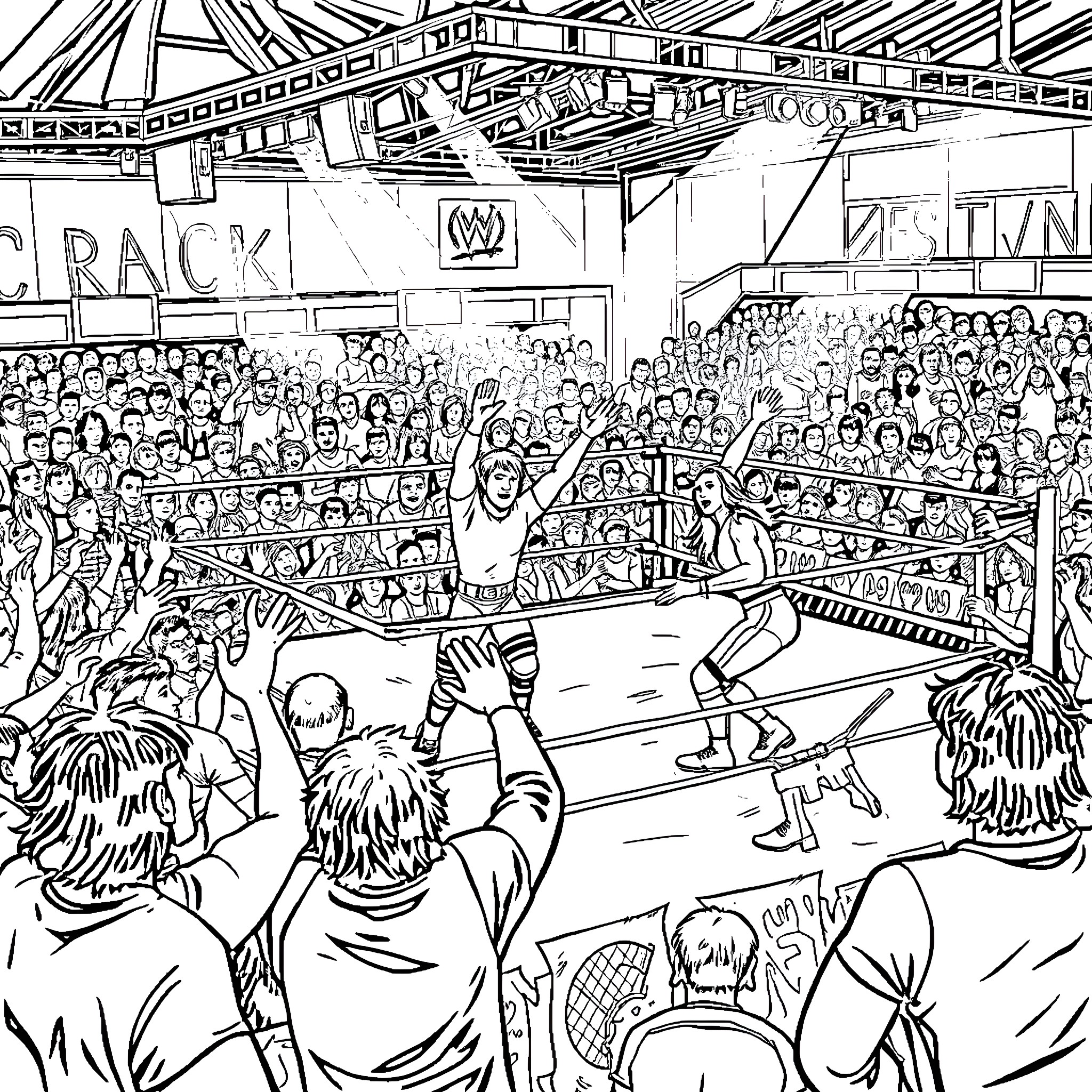 Wrestling spectacle with energetic crowd Coloring Page (free black-and-white line drawing printable PDF for all, from beginners to advanced learners, including children, teens, adults, and seniors)