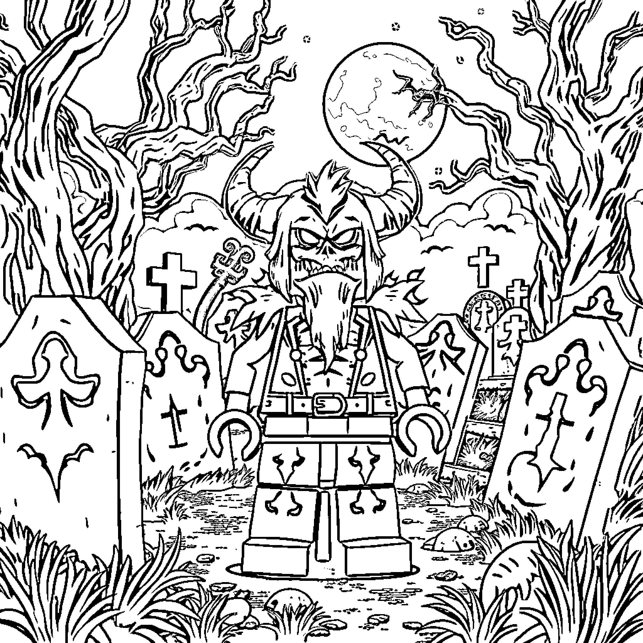 Grimsnarl's Eerie Graveyard Encounter Coloring Page (free black-and-white line drawing printable PDF for all, from beginners to advanced learners, including children, teens, adults, and seniors)