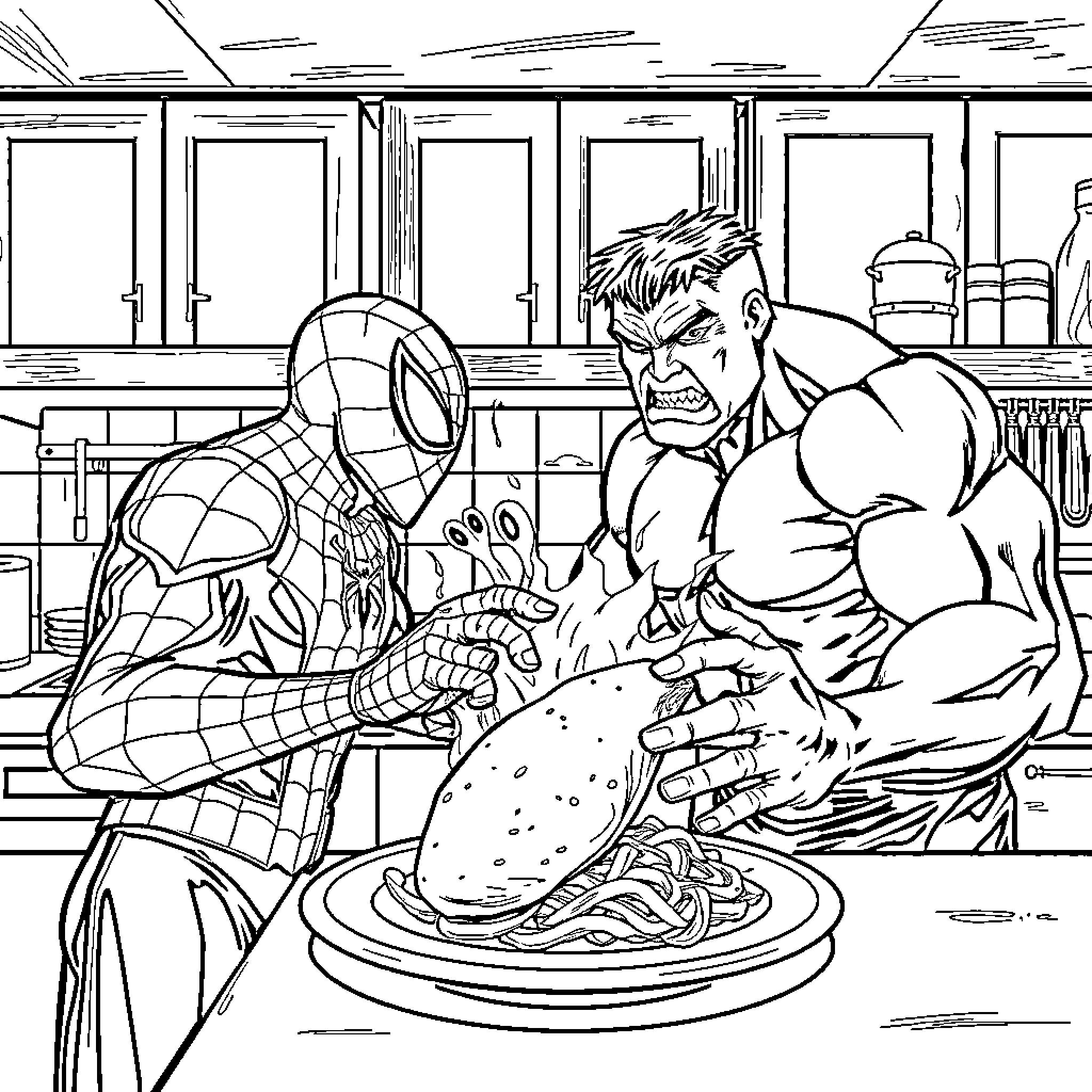 Spiderman facing off with a muscular villain in a kitchen Coloring Page (free black-and-white line drawing printable PDF for all, from beginners to advanced learners, including children, teens, adults, and seniors)