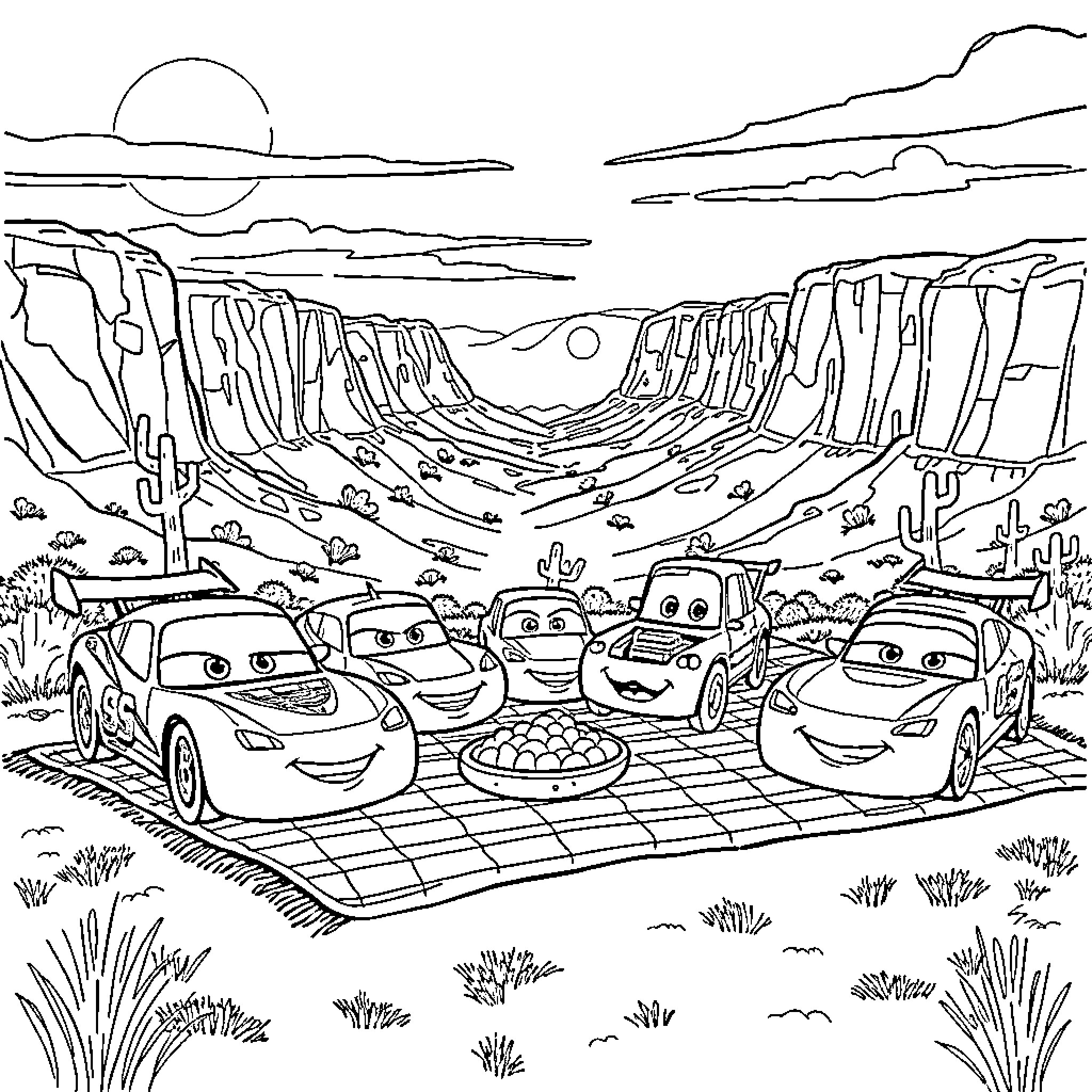 Car characters enjoying outdoor picnic in desert landscape Coloring Page (free black-and-white line drawing printable PDF for all, from beginners to advanced learners, including children, teens, adults, and seniors)