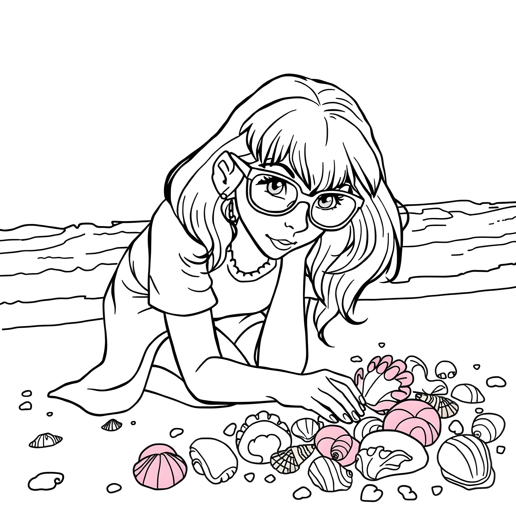 Velma's Beach Adventure Coloring Page (free black-and-white line drawing printable PDF for all, from beginners to advanced learners, including children, teens, adults, and seniors)