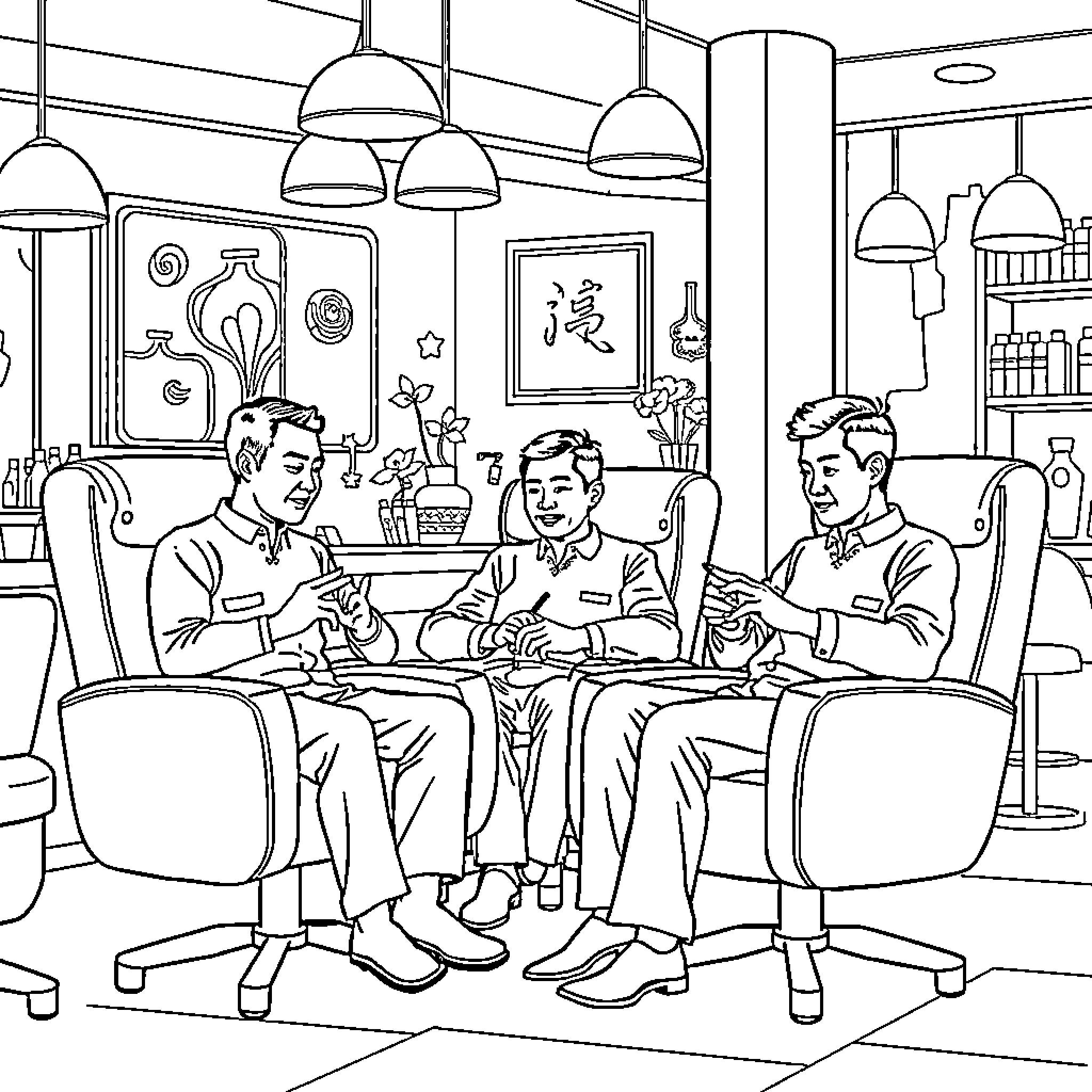Man Discussing Business in Office with Colleagues Coloring Page (free black-and-white line drawing printable PDF for all, from beginners to advanced learners, including children, teens, adults, and seniors)